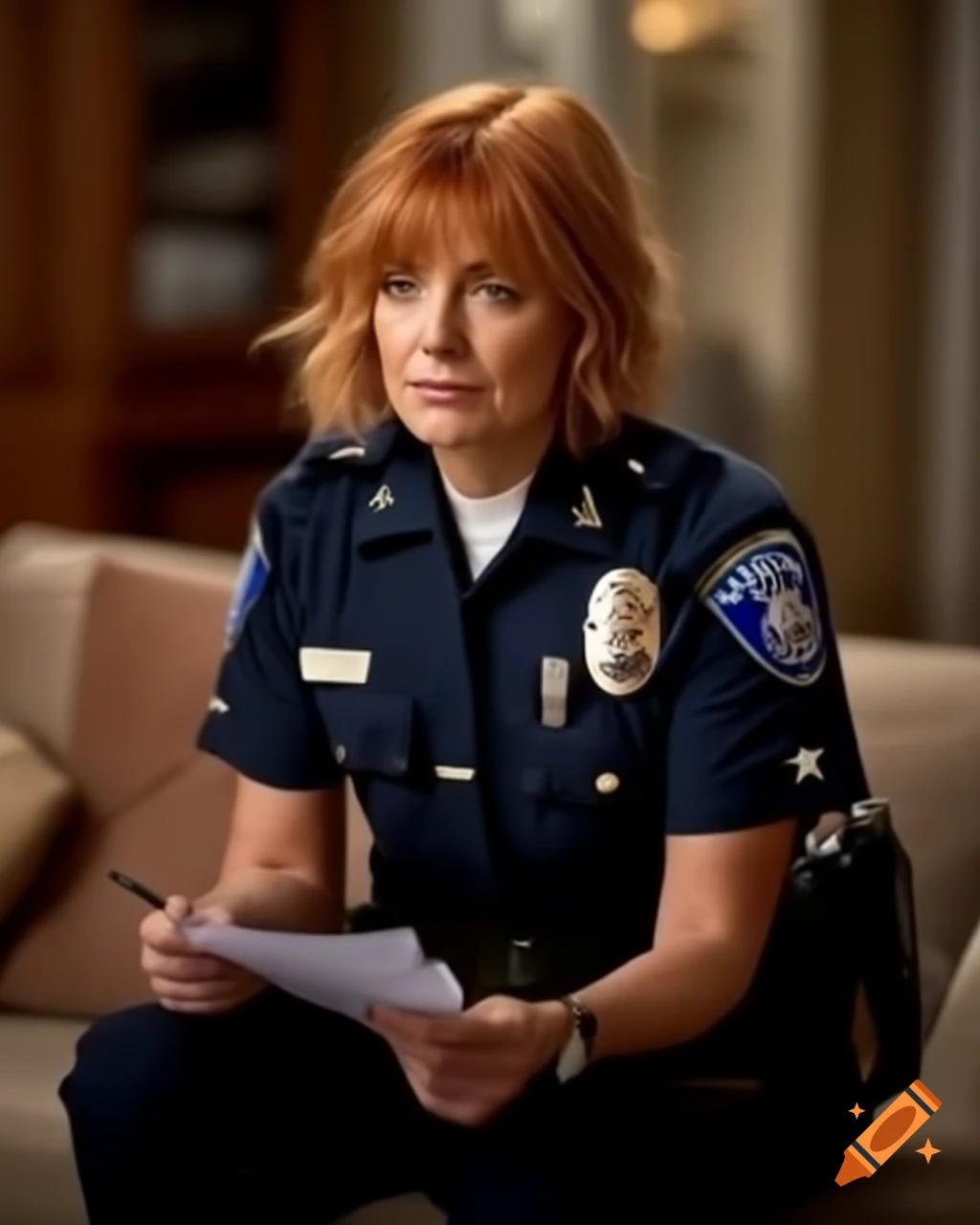 French female police officer taking notes at crime scene in dusty living room, hyper-realistic details