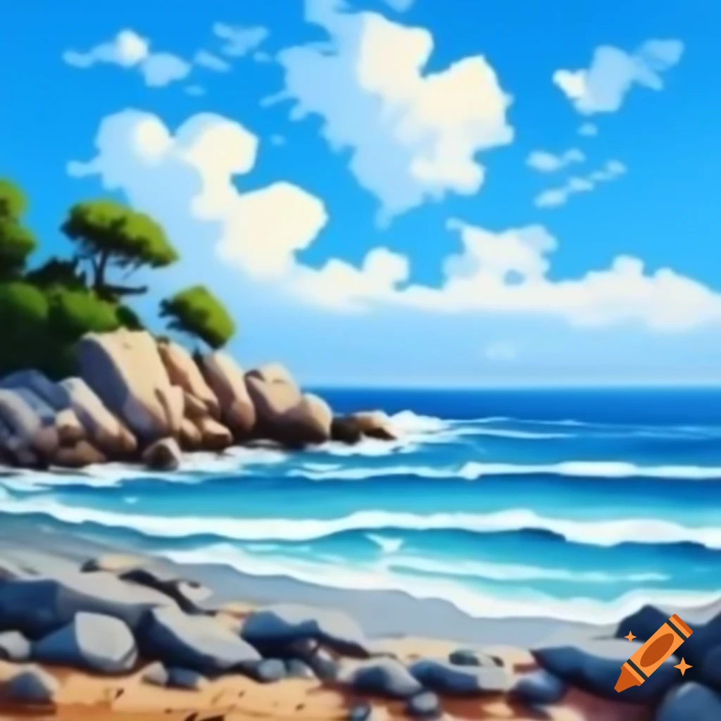 Adriatic Sea painting featuring rocky beach with waves and greenery