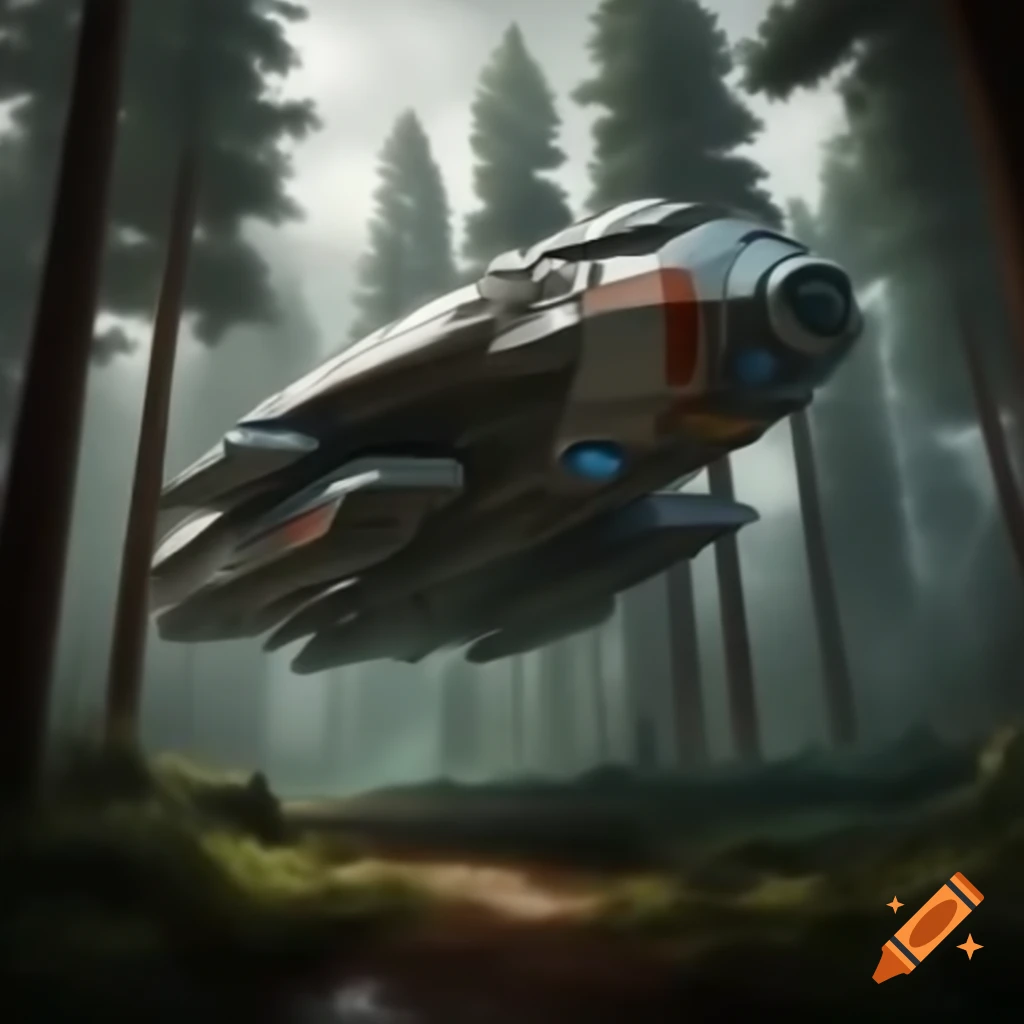 War spaceship located in a forest setting