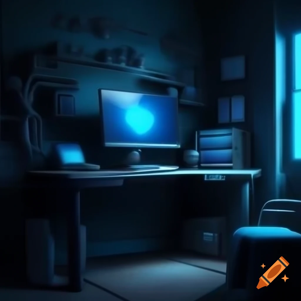 Dark cyber room with RGB-lit computer on table