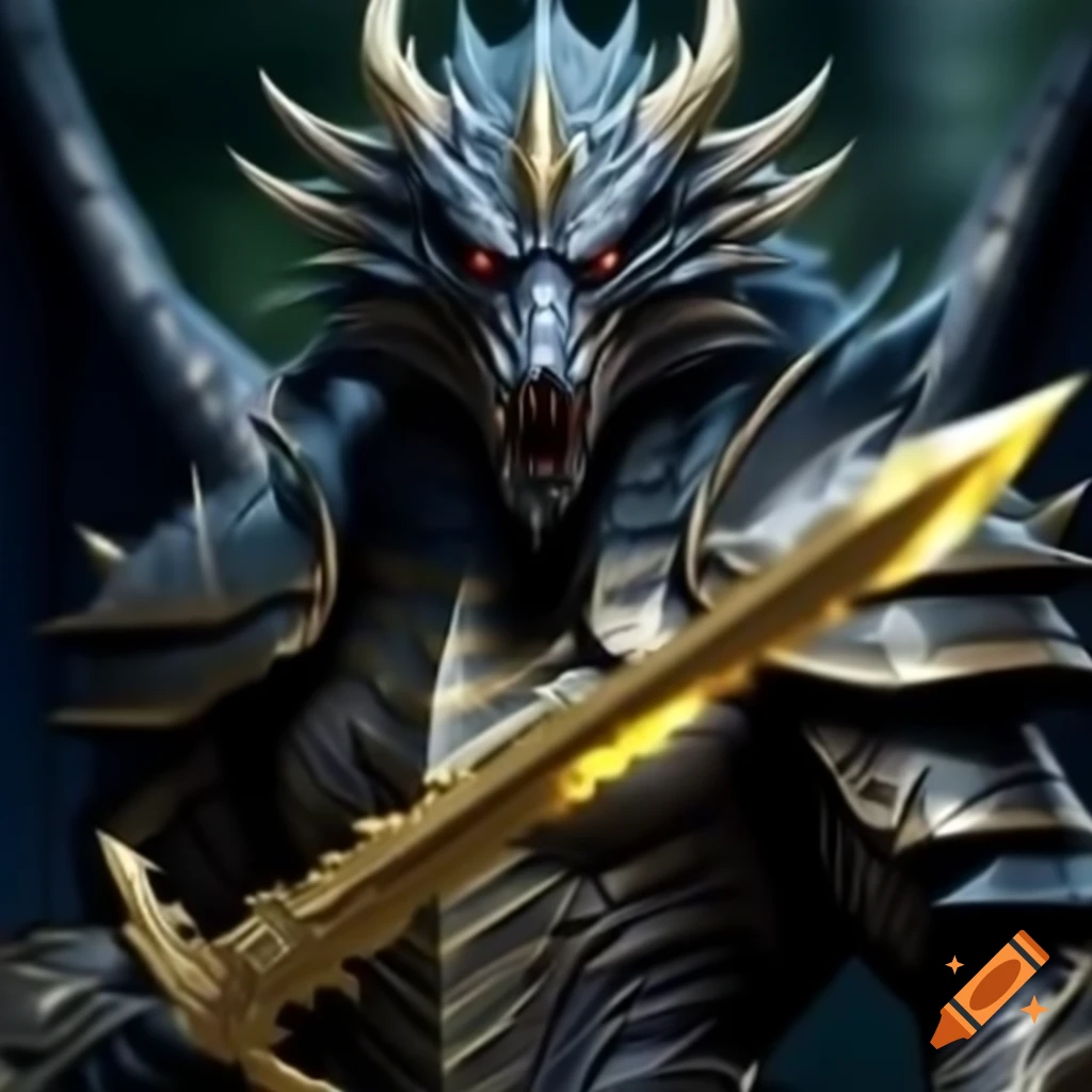Powerful black dragon in armor wielding a golden blade