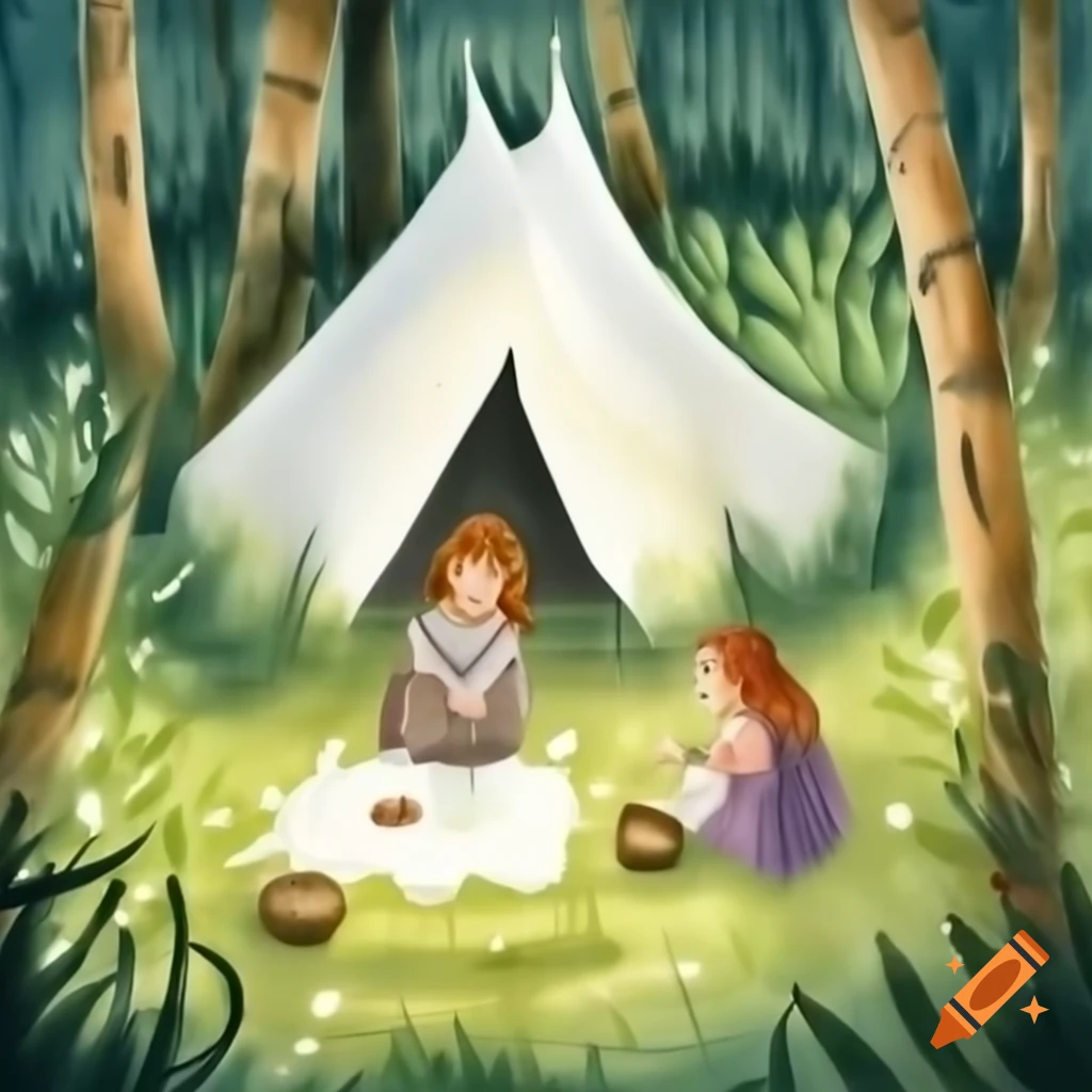 Aquarell painting of a clearing in the woods with a see-through tent and a woman and girl inside