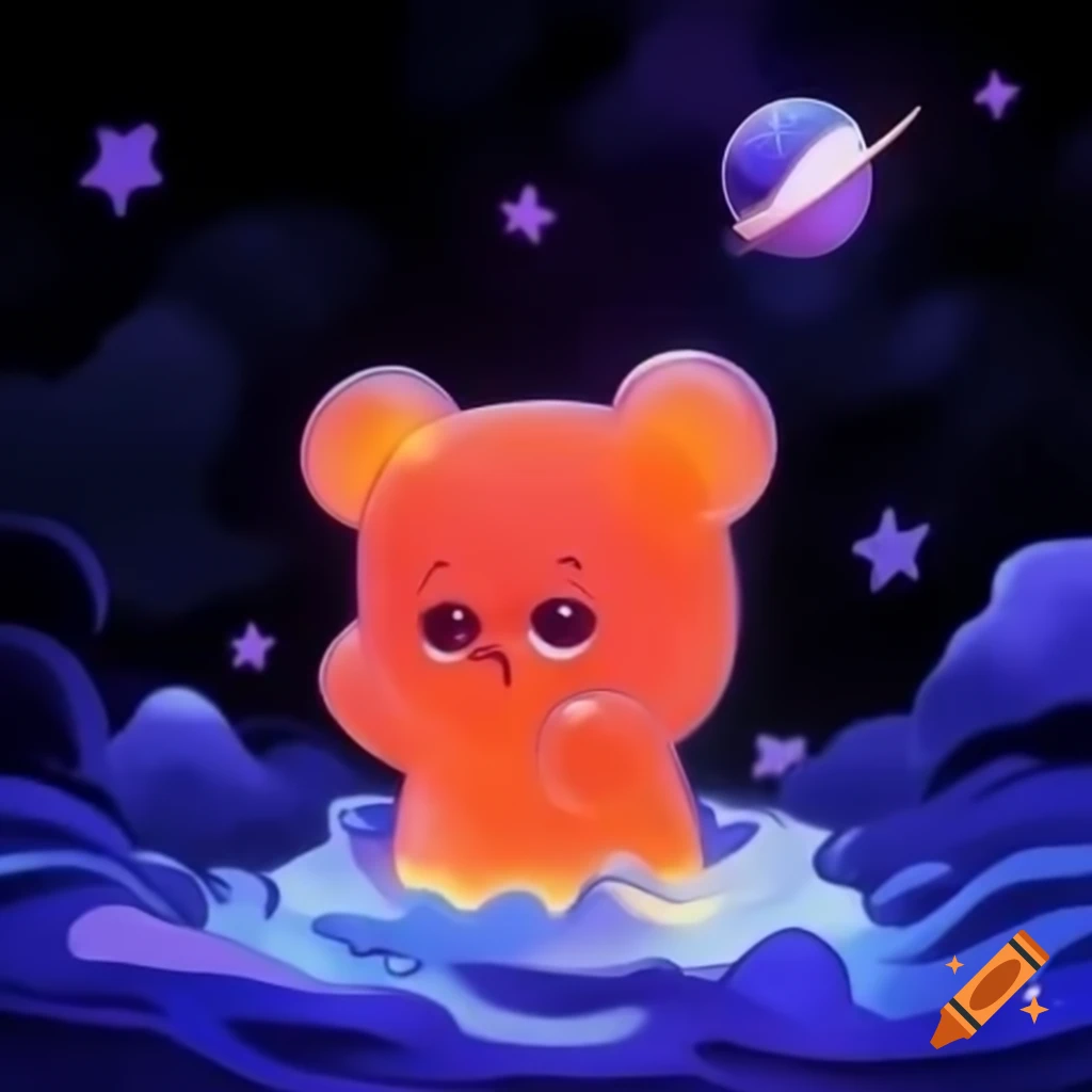 Gummy Bear singing in cosmic amphitheater with eerie atmosphere