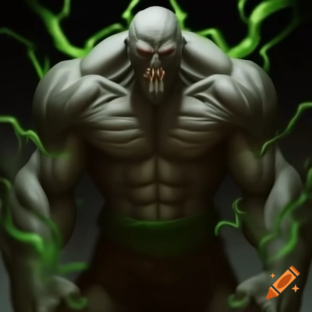 Evil professor transformed into tall muscular mutant with grey skin and green veins