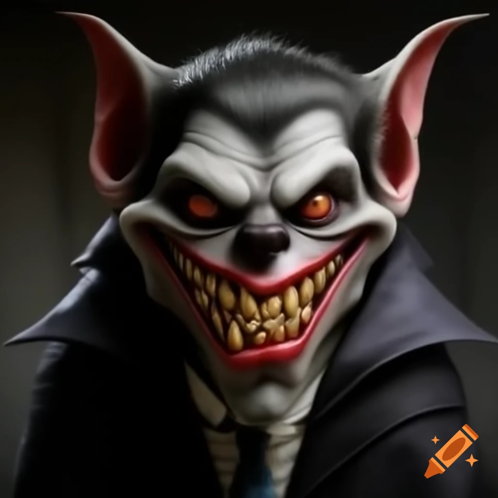 Realistic caricature of dog with Dracula-style teeth and red liquid