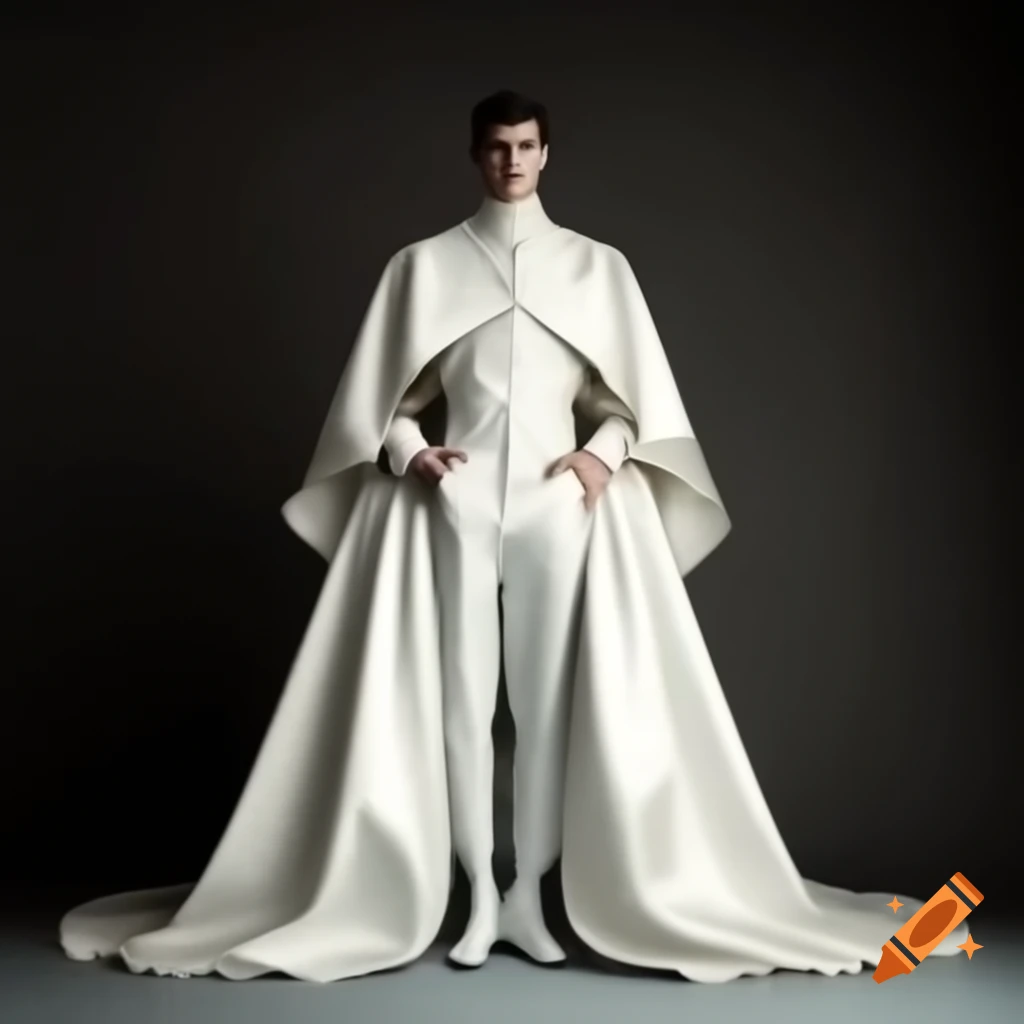 Handsome young man in elegant floor-length white satin gown with lace trim