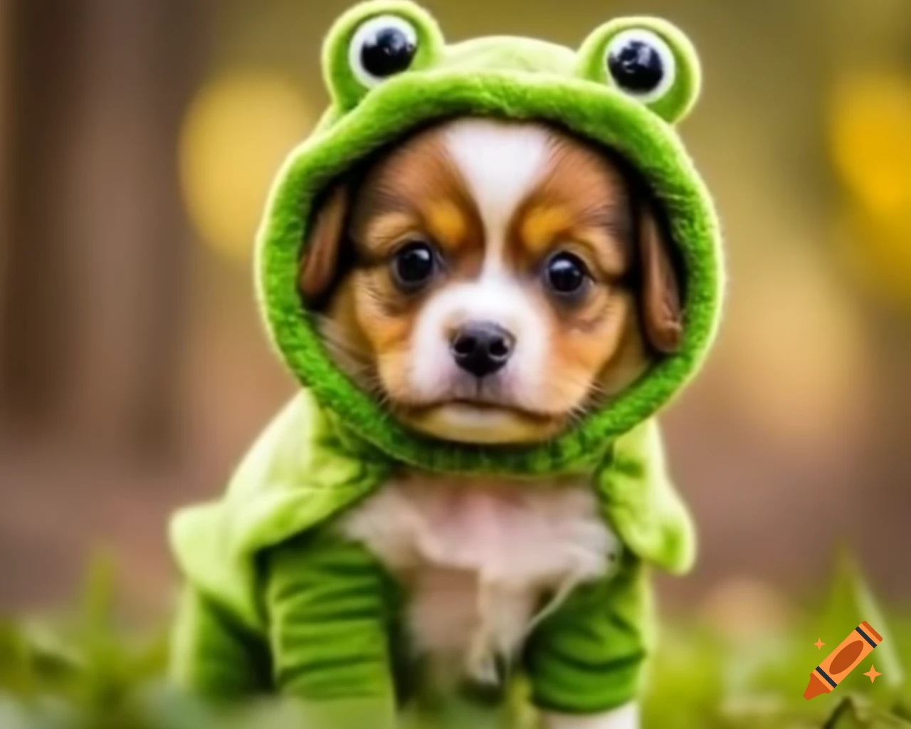 Adorable puppy in frog costume, happy and cute