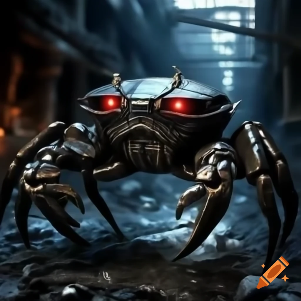 Black metal crab-like robots with glowing red eyes in destroyed city