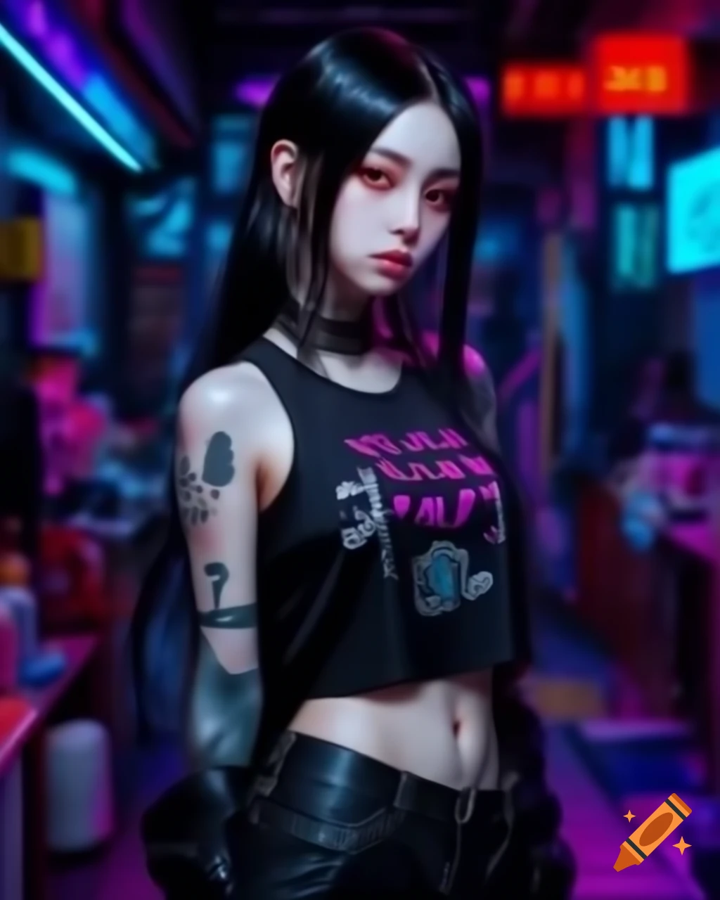 Punk-inspired young woman in dystopian fashion with black hair