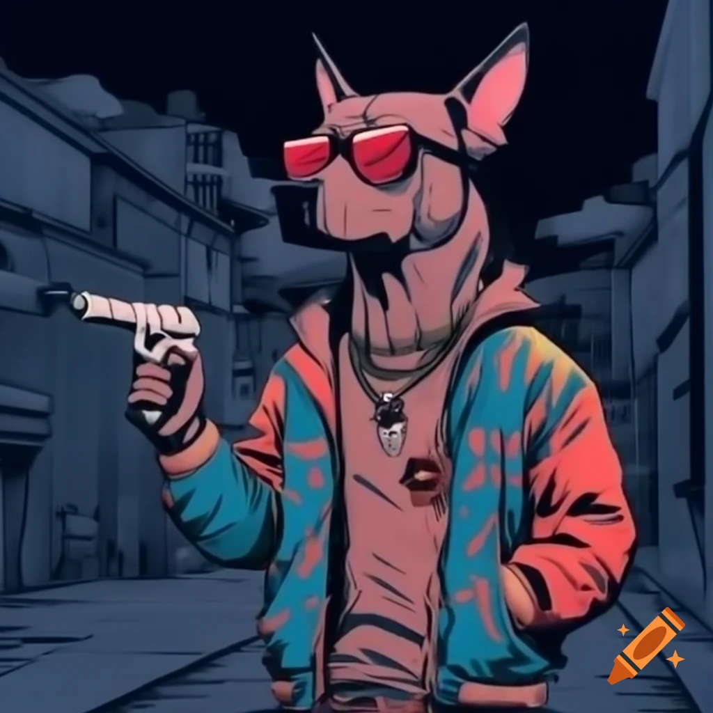 Dog in cool jacket, sunglasses, and chain relaxing in a street corner at night