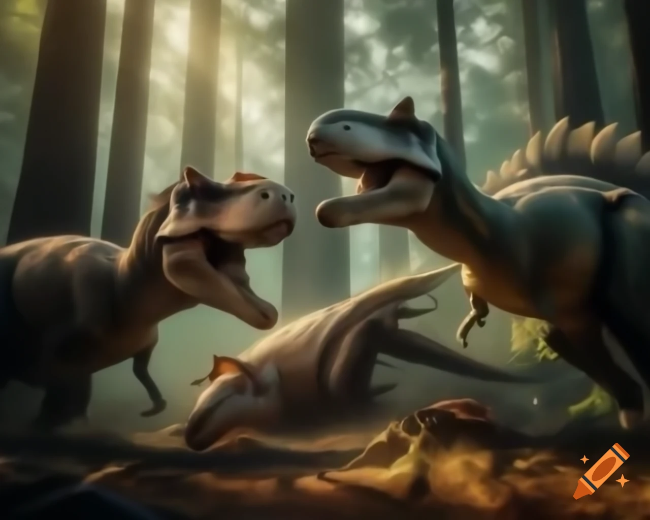 Allosaurus battling over styracosaurus carcass in redwood forest clearing
