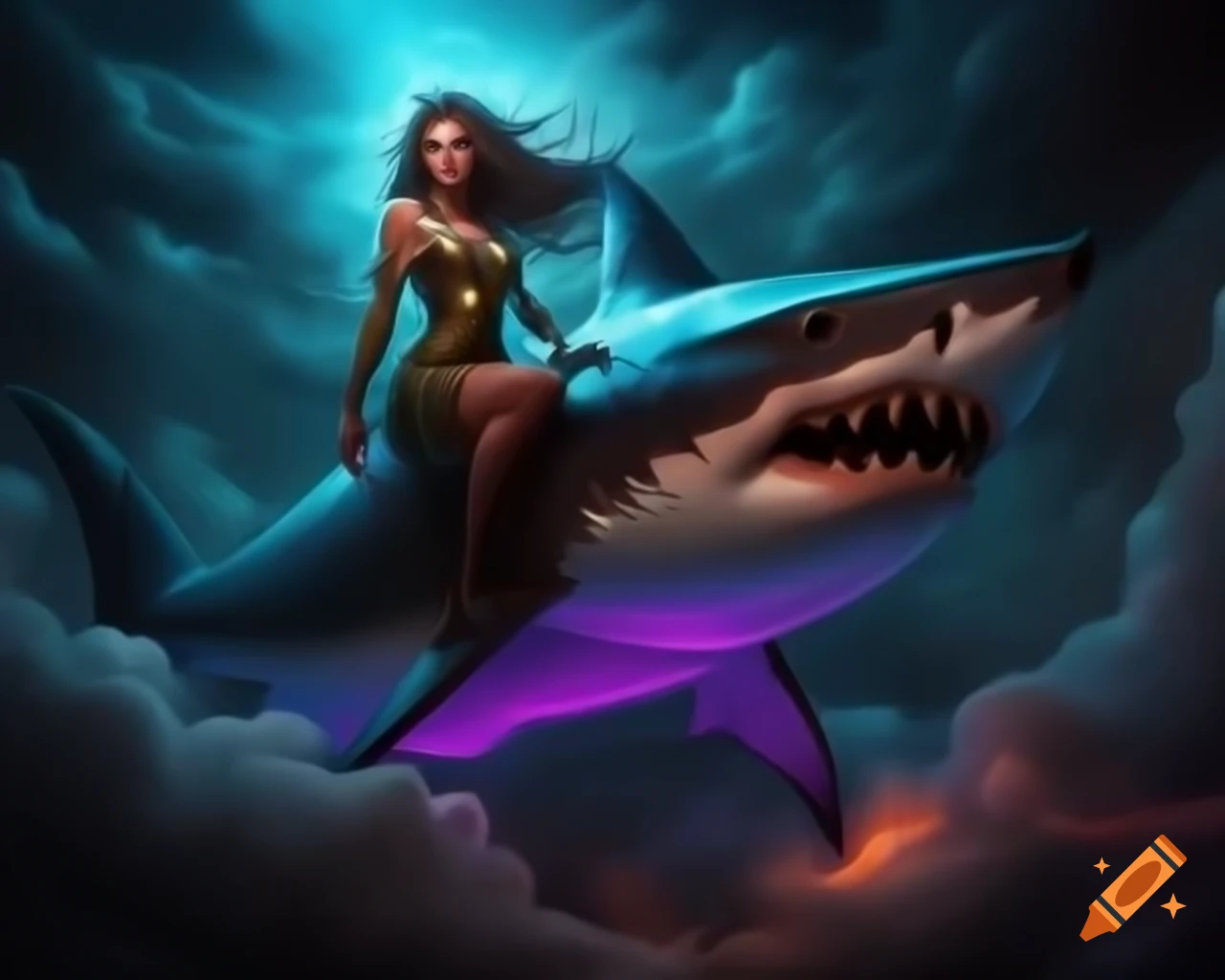 Woman riding shark in luminous dress among clouds, dark fantasy cyberpunk art