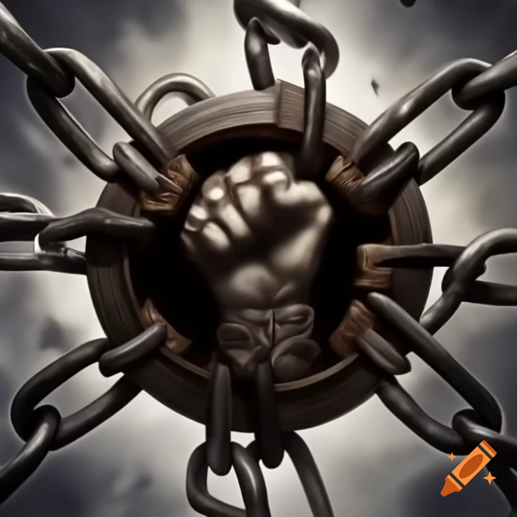 Medieval fantasy emblem featuring broken chains and fists