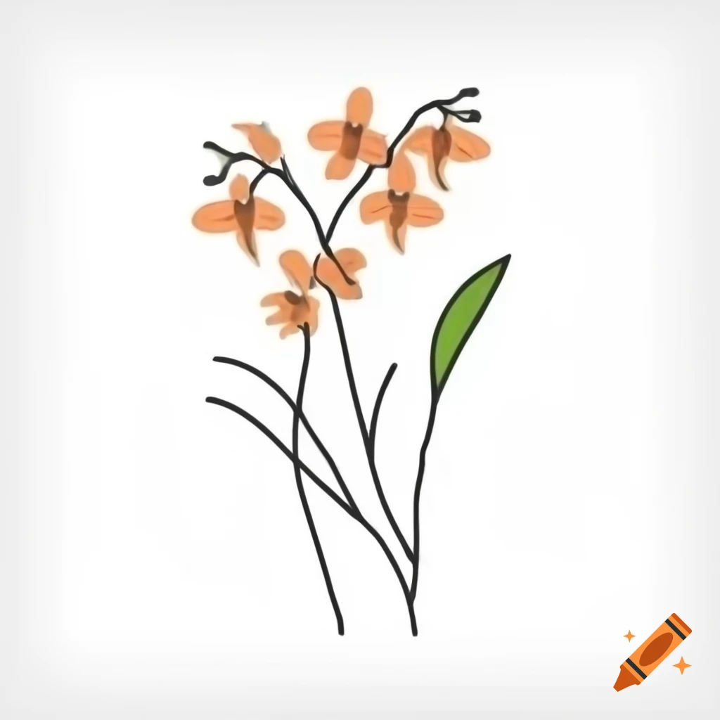 Minimalist black line drawing of orchids and leaves with orange and green accents