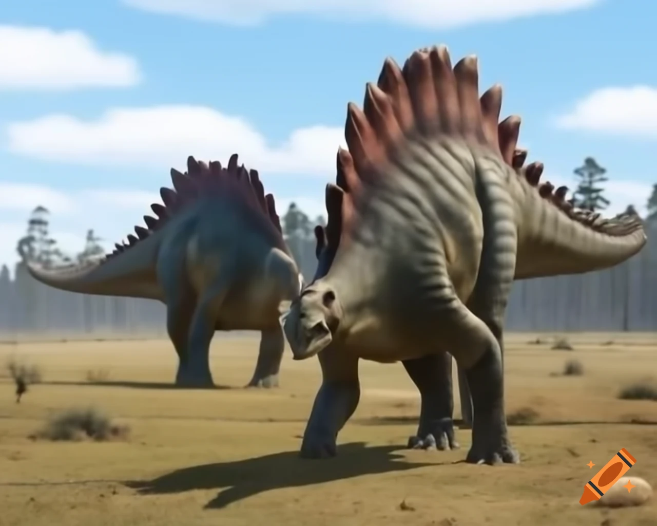 Pair of striped Stegosaurus walking in fern-covered savannah landscape