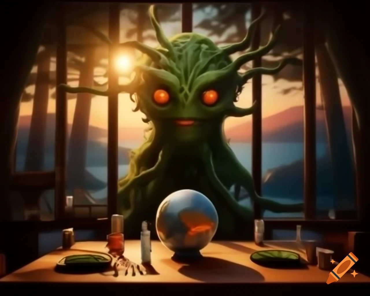 Hyper-realistic orange tree monster with human face in forest setting