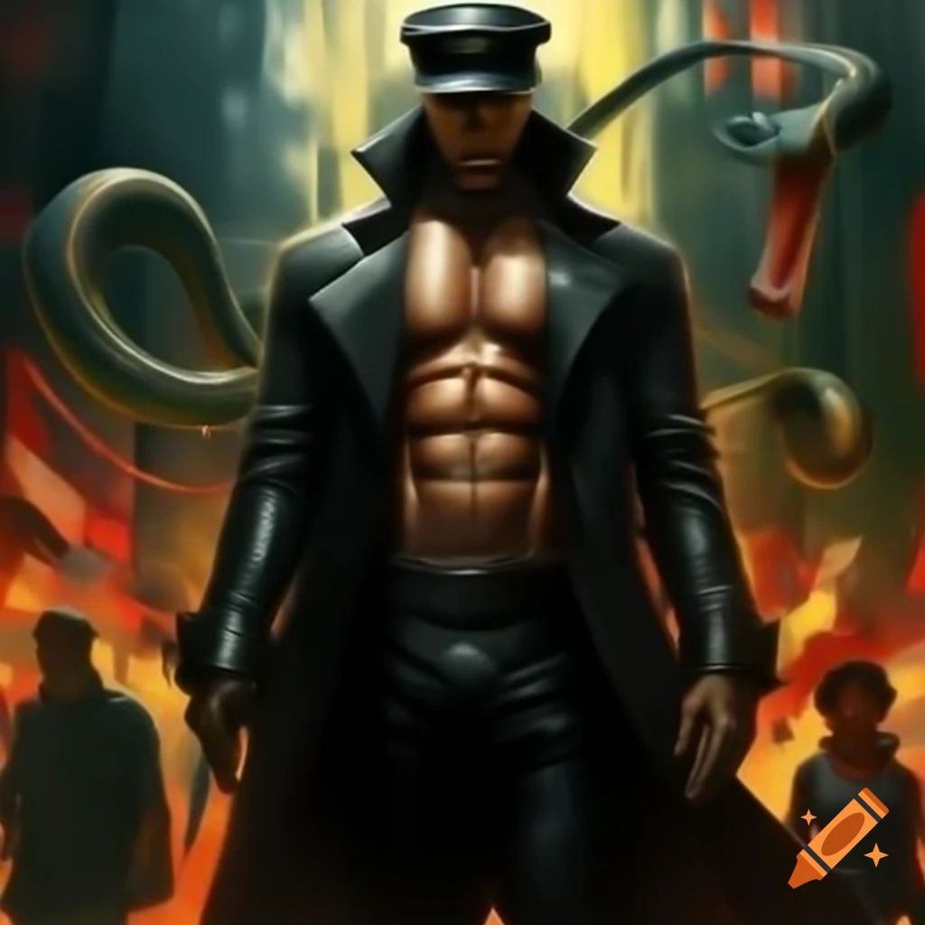 Character design of a tall man in trench coat and flat cap with emblem