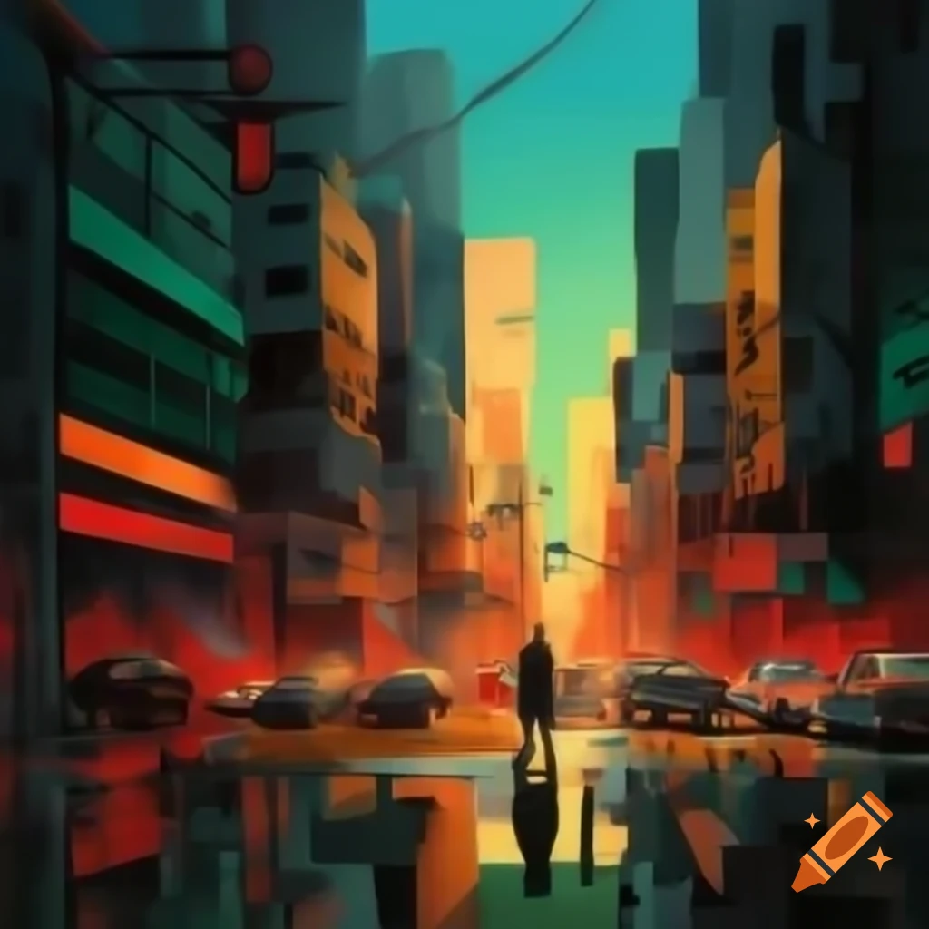 Cubist acrylic painting depicting modern urban life with tetradic color scheme