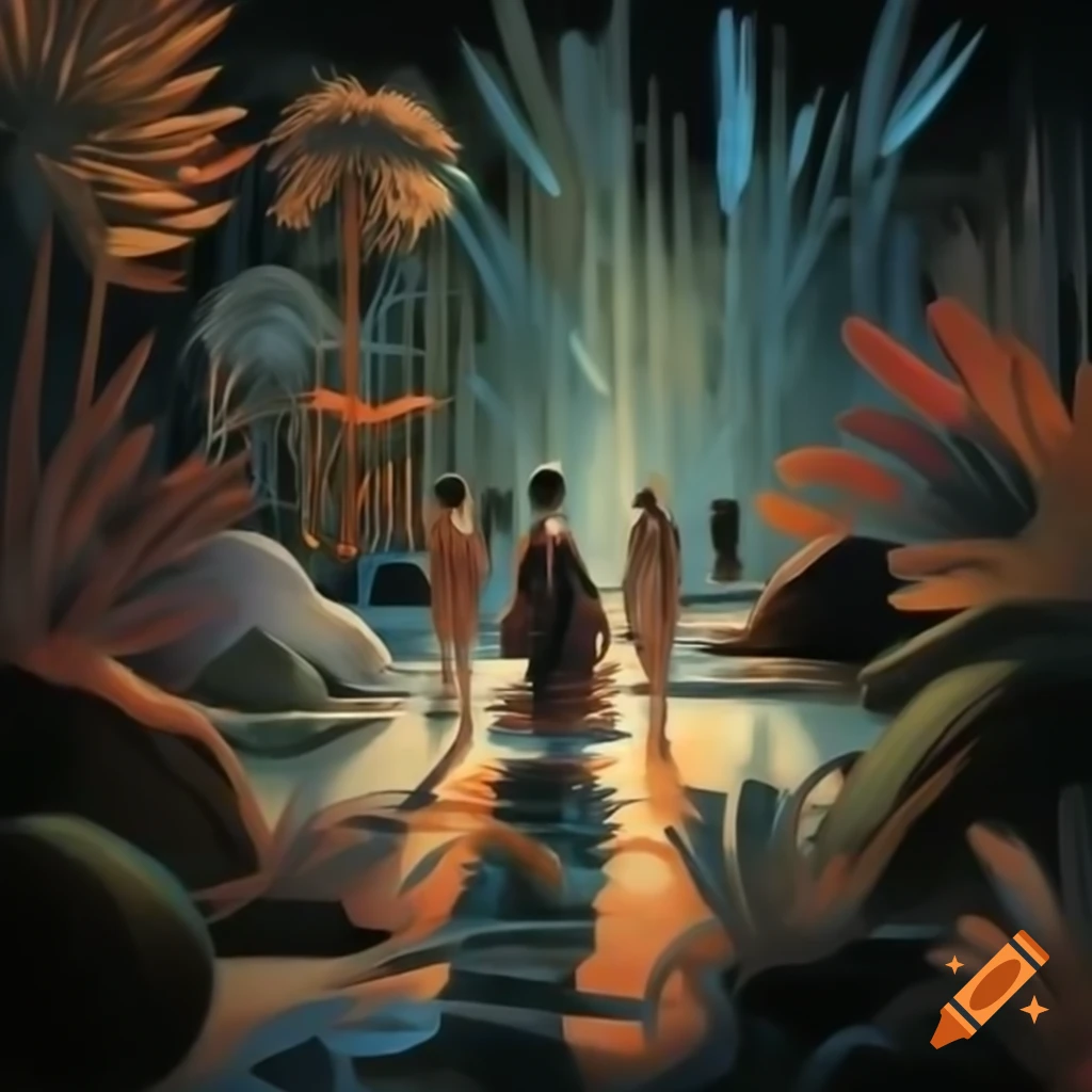 Abstract art of futuristic time travelers in Garden of Eden with exotic flora and fauna