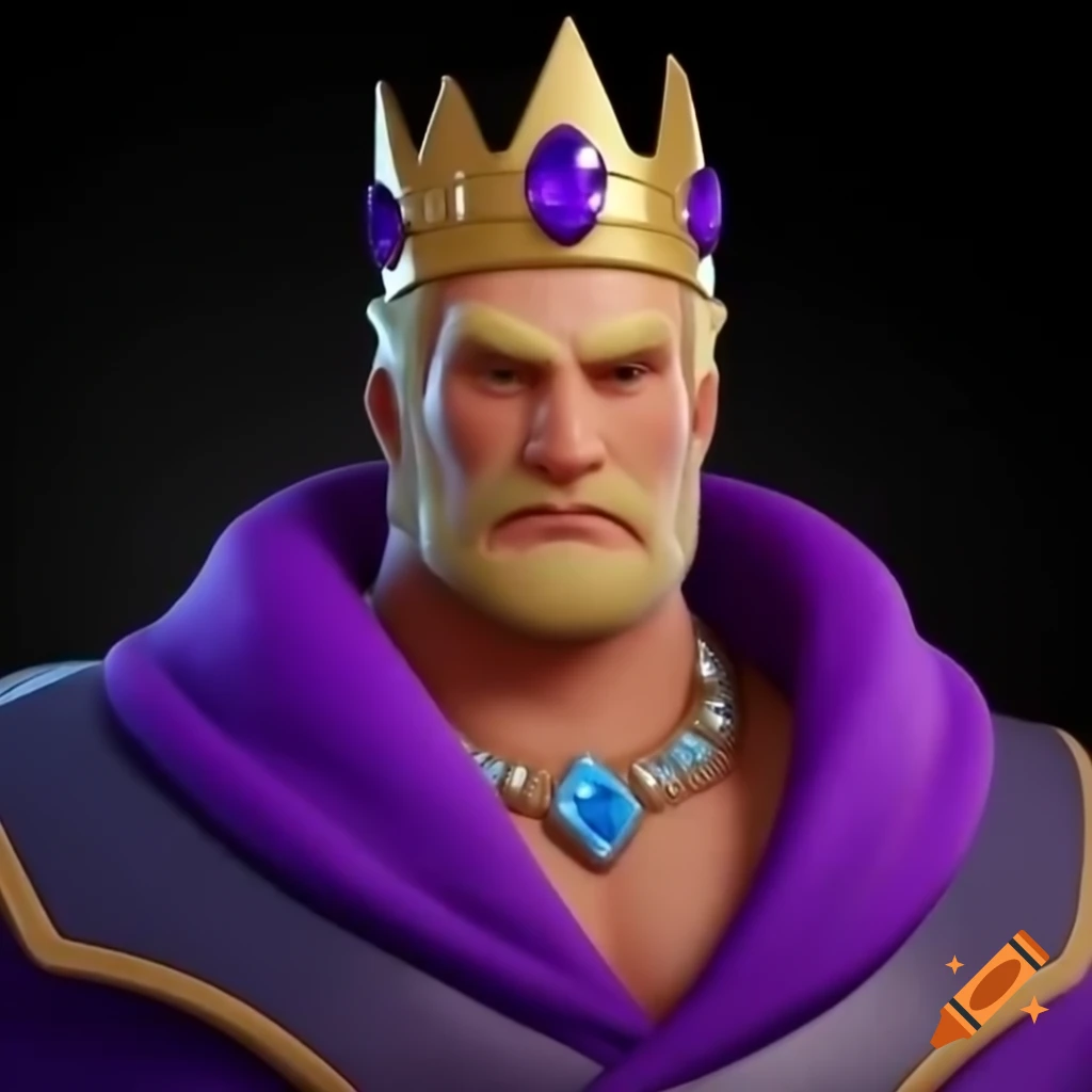 Blonde man dressed as king in purple with gem crown, video game style