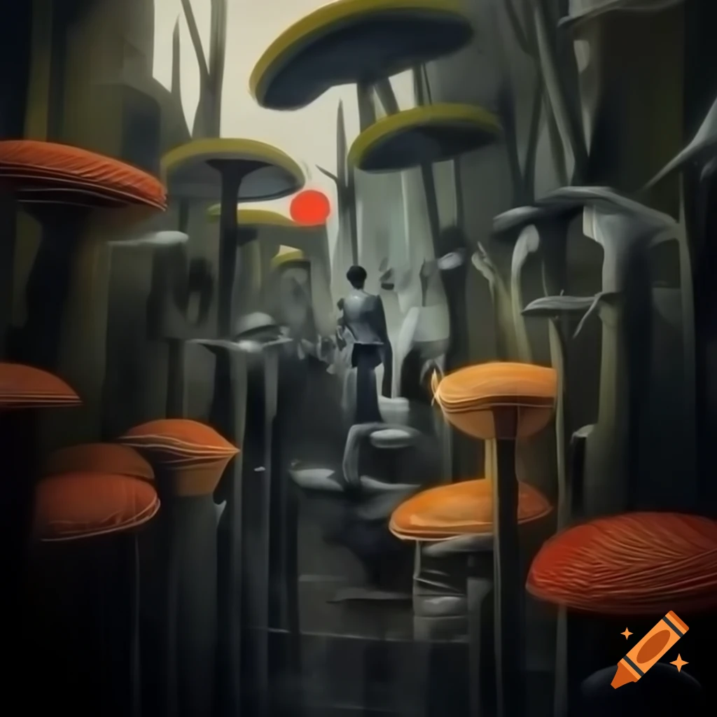 Abstract art of futuristic time travelers in Garden of Eden with exotic flora
