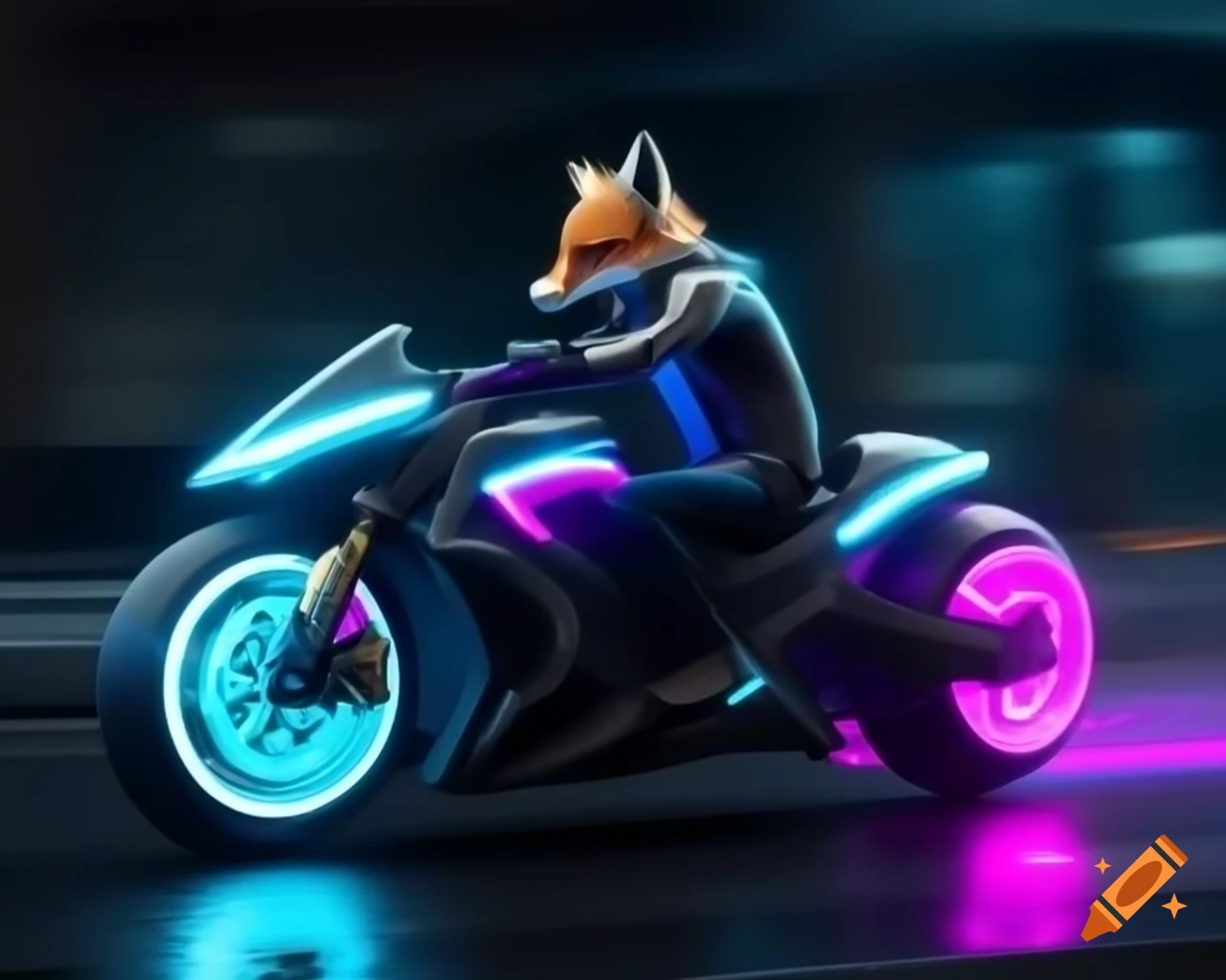 Anthropomorphic fox in cyberpunk suit riding glowing Tron motorbike at high speed