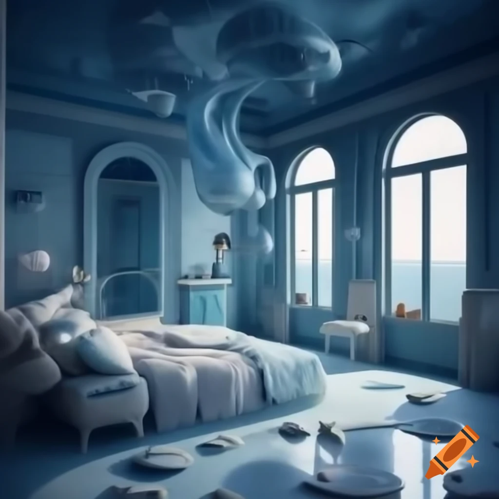 Surrealist room with mirror illusions in watercolor style