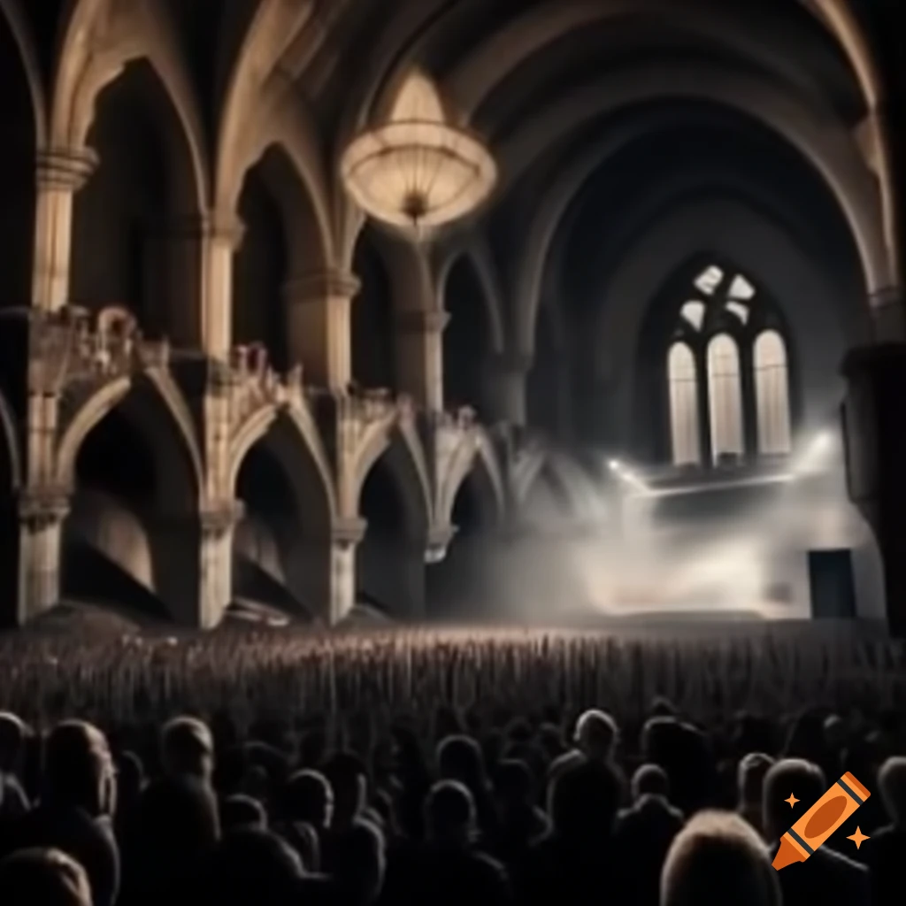 Crowded punk concert in venue with medieval stone walls and chandelier