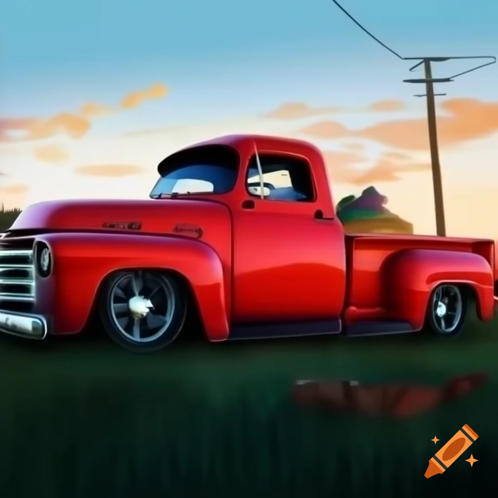 Old red pickup truck in Norman Rockwell painting style with Christmas theme