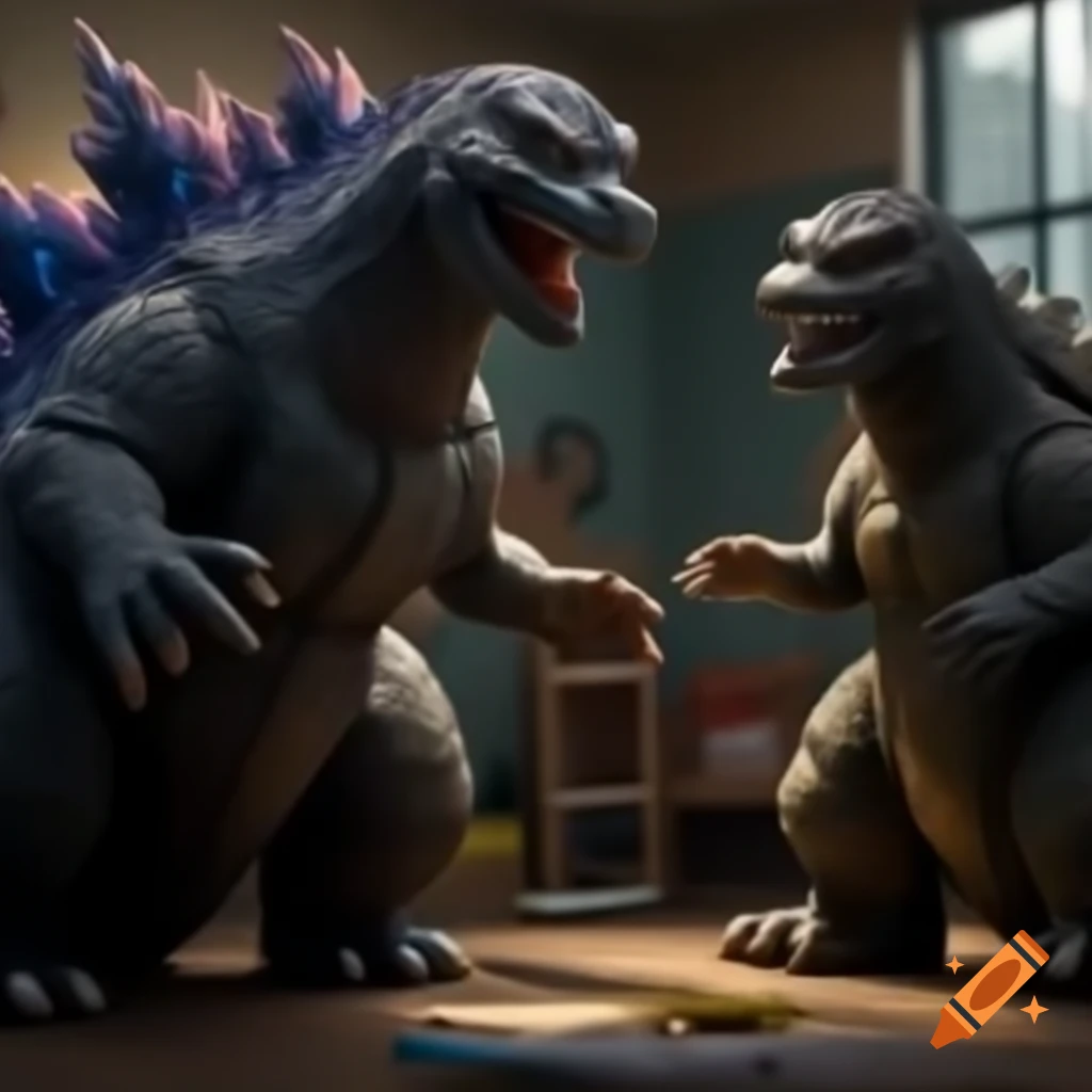 Godzilla and little brother engaged in playful argument in a playroom