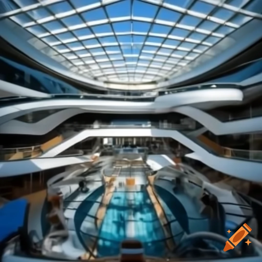 Futuristic atrium inside a cruise ship