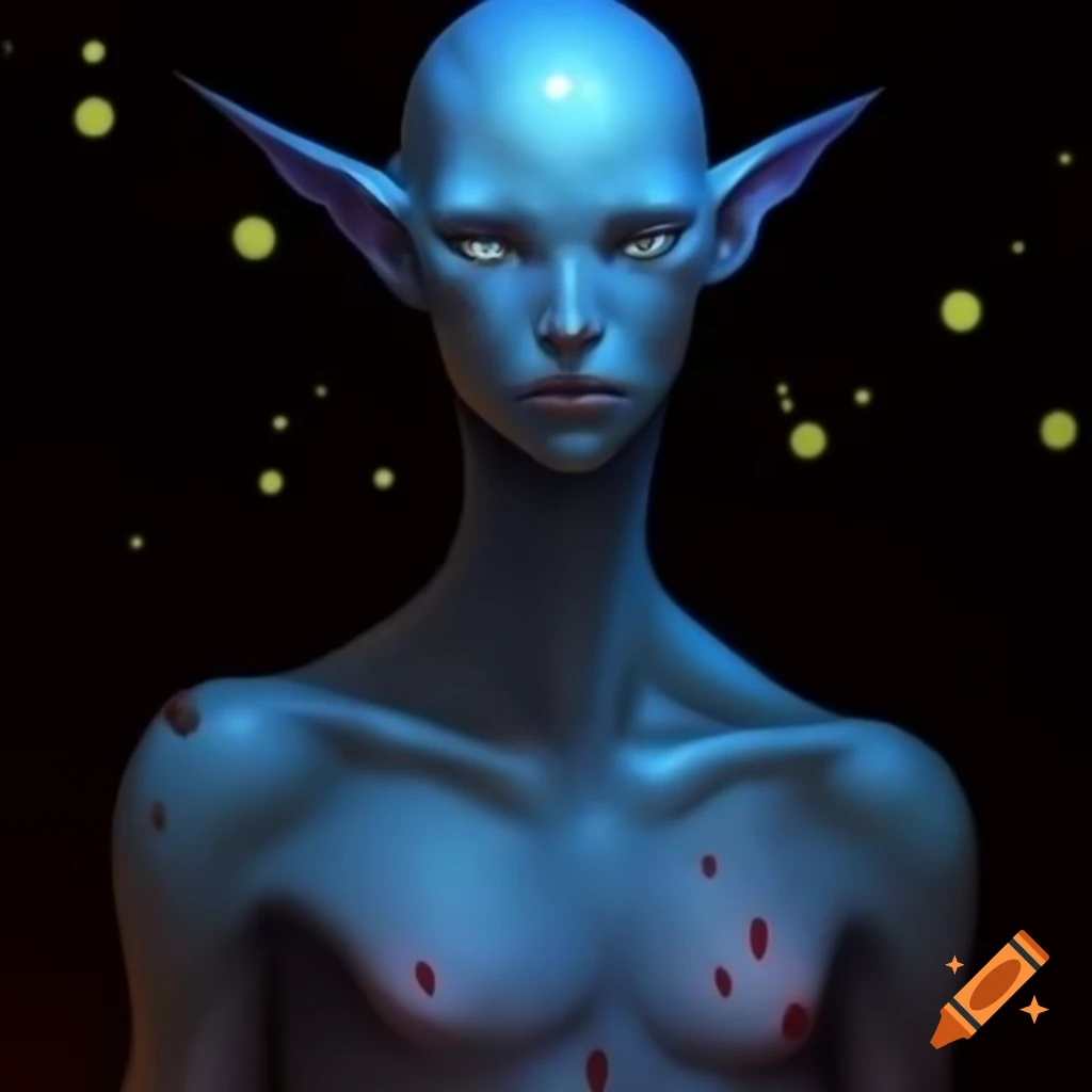 Tall thin humanoid creature with blue skin and star-like yellow/white dots