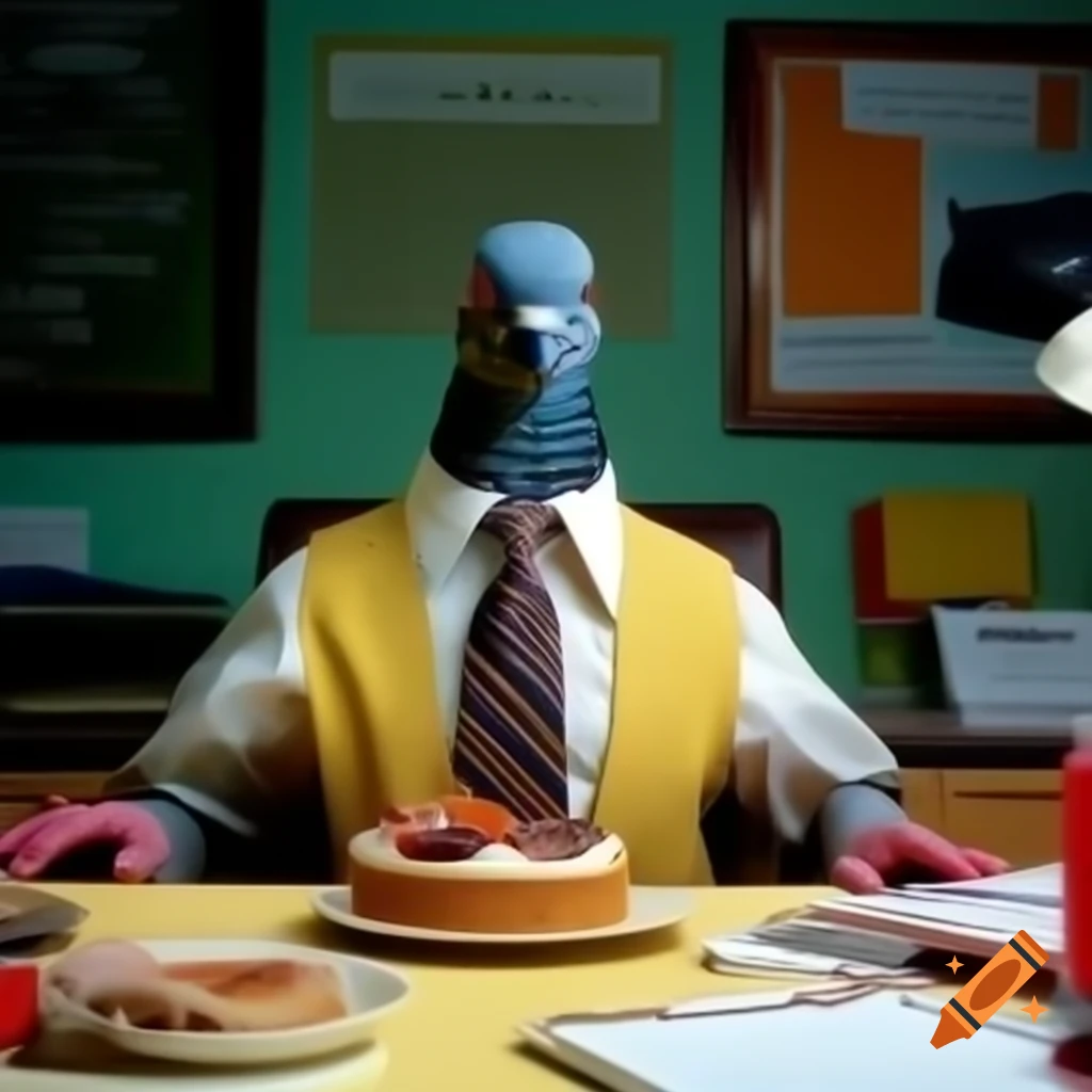 Pigeon wearing a yellow tie at 90s office desk enjoying cake