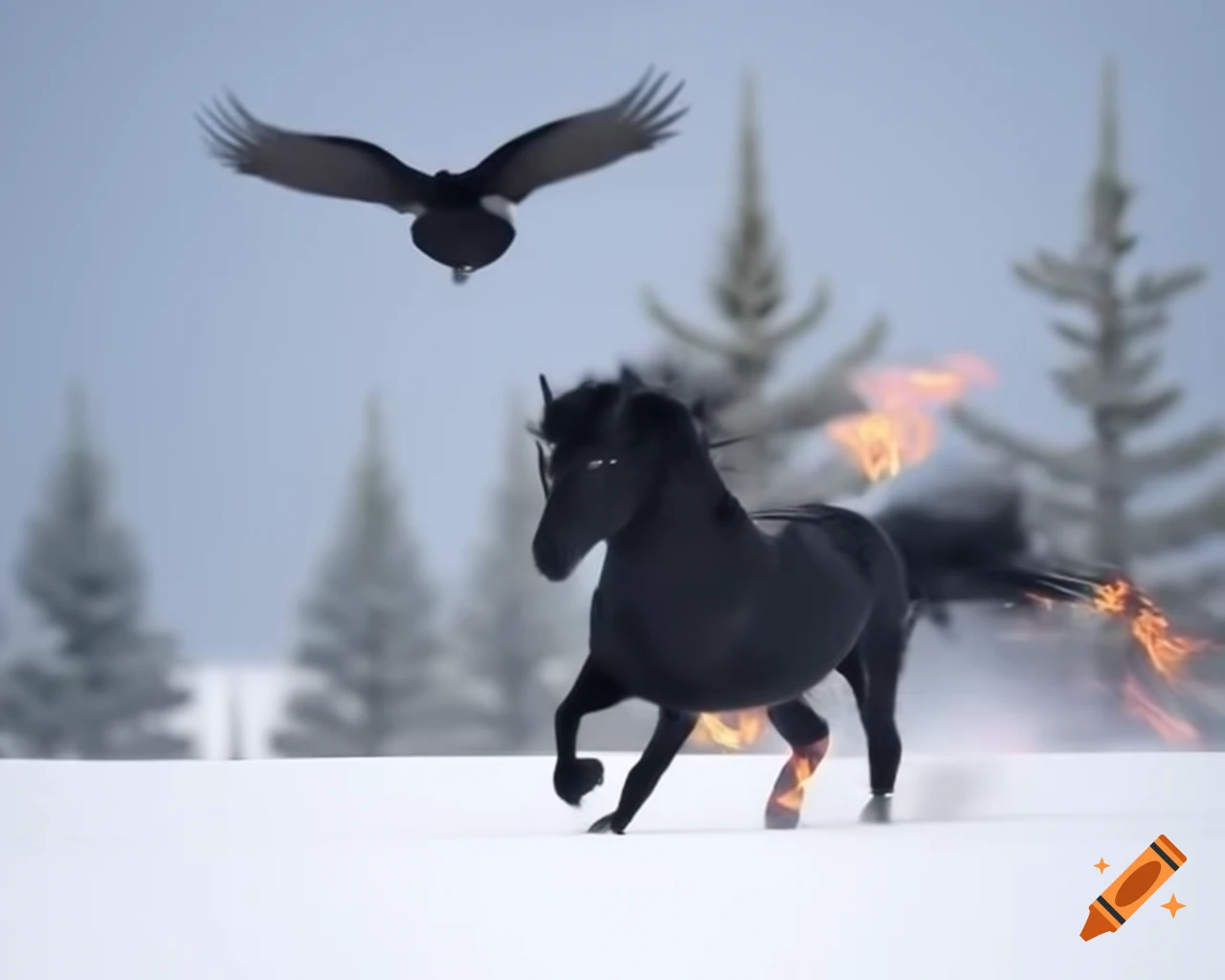 Black unicorn charging in snowy field with fire from hooves and Christmas tree, wise raven flying
