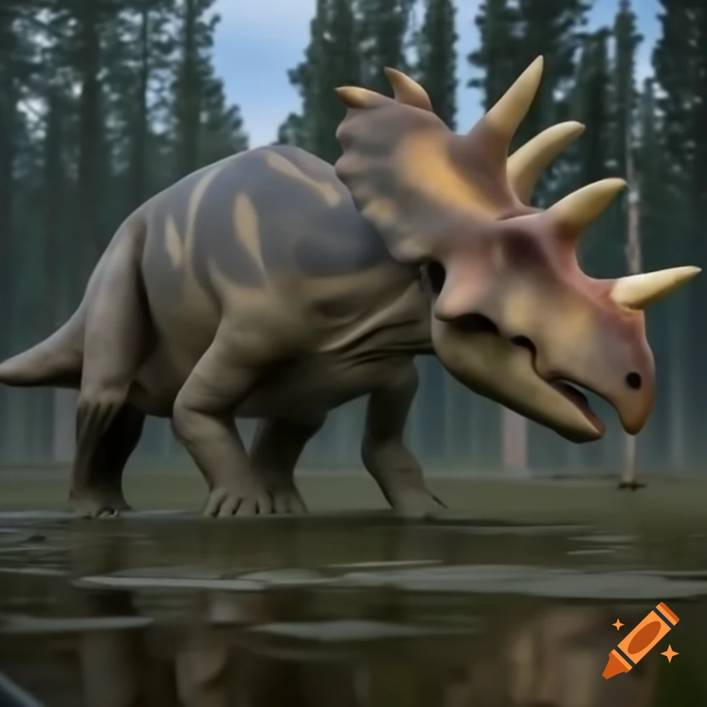 Protoceratops crossing marsh with driftwood in British Columbia morning