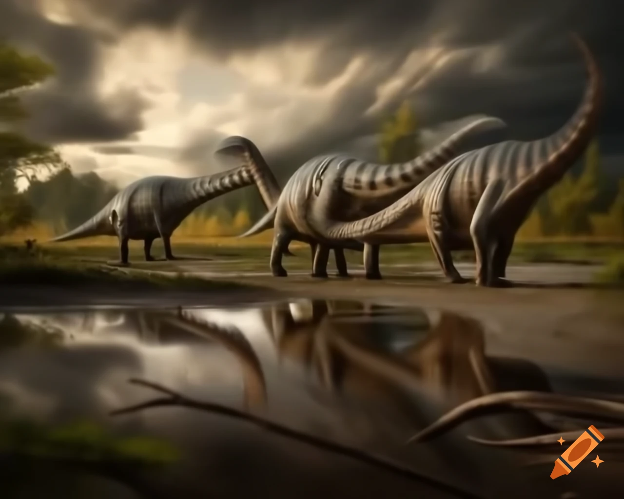 Striped Hadrosaurus roaming in a muddy flat with ferns and driftwood in British Columbia