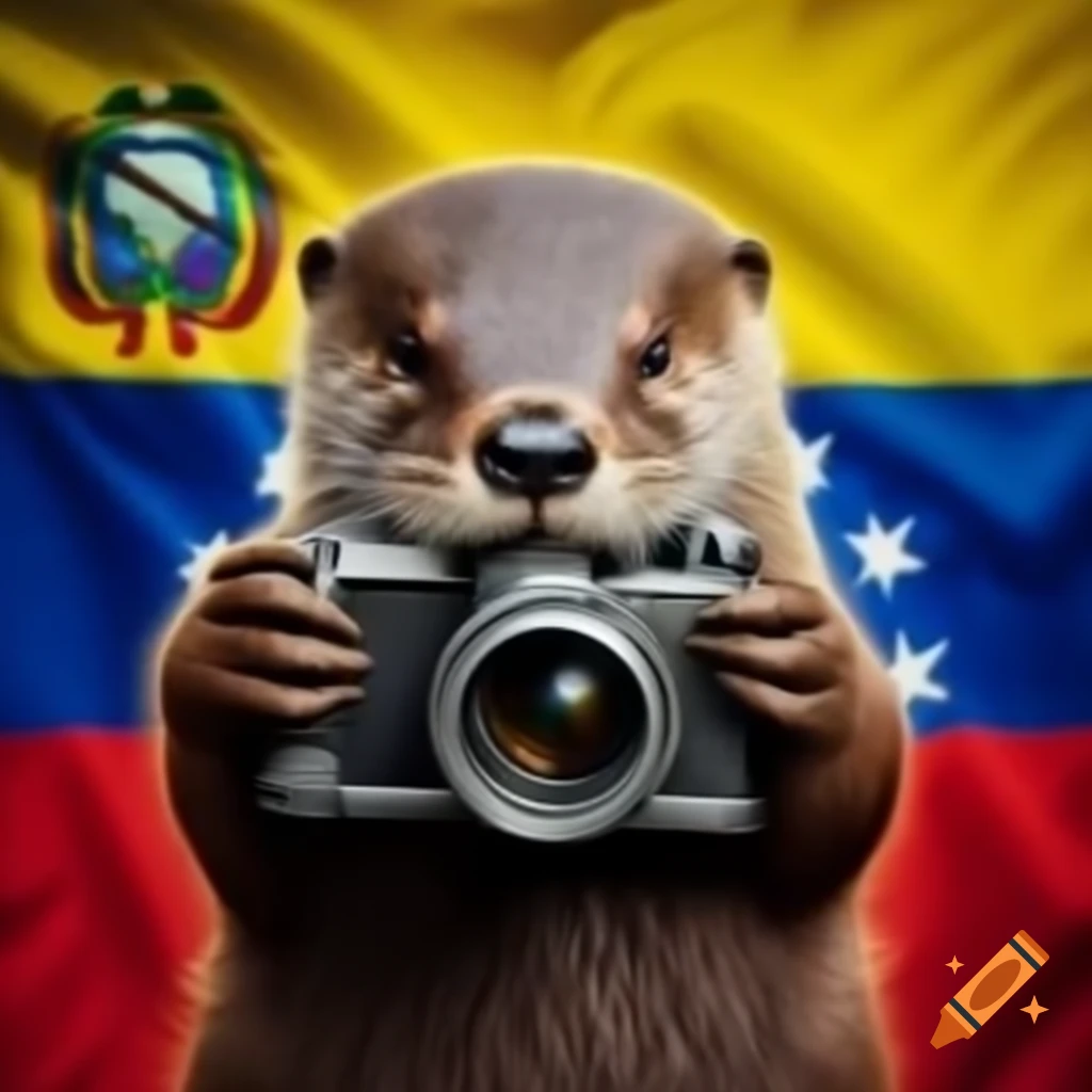 Otter holding camera with Venezuelan flag backdrop