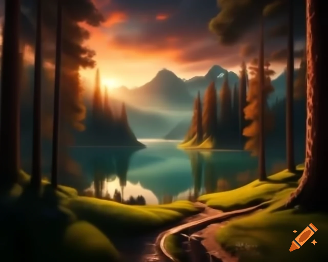 Surreal fantasy scene of an orange monster in a forest by a lake at sunset
