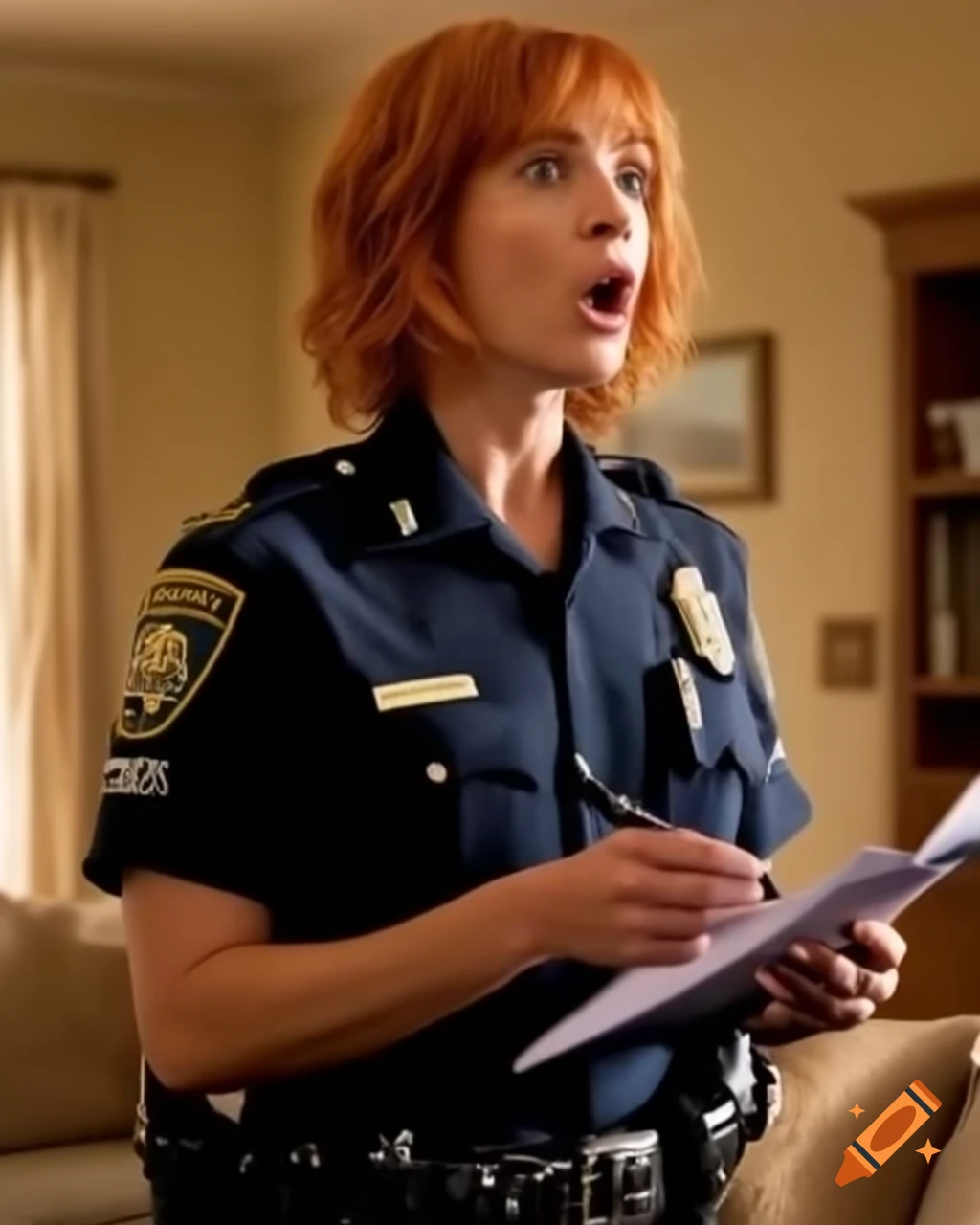 Surprised French female police officer taking notes at crime scene in dusty living room