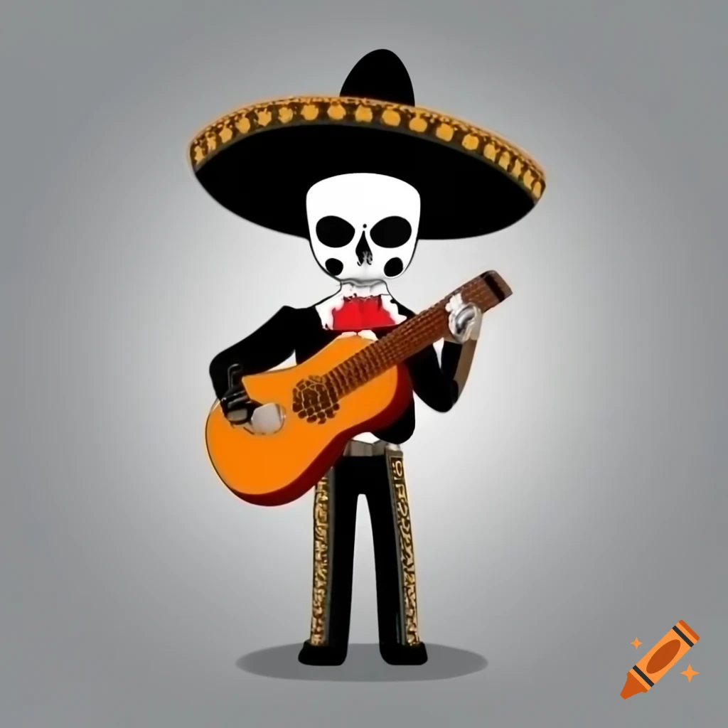 Mariachi skeleton playing guitar in festive attire on craiyon