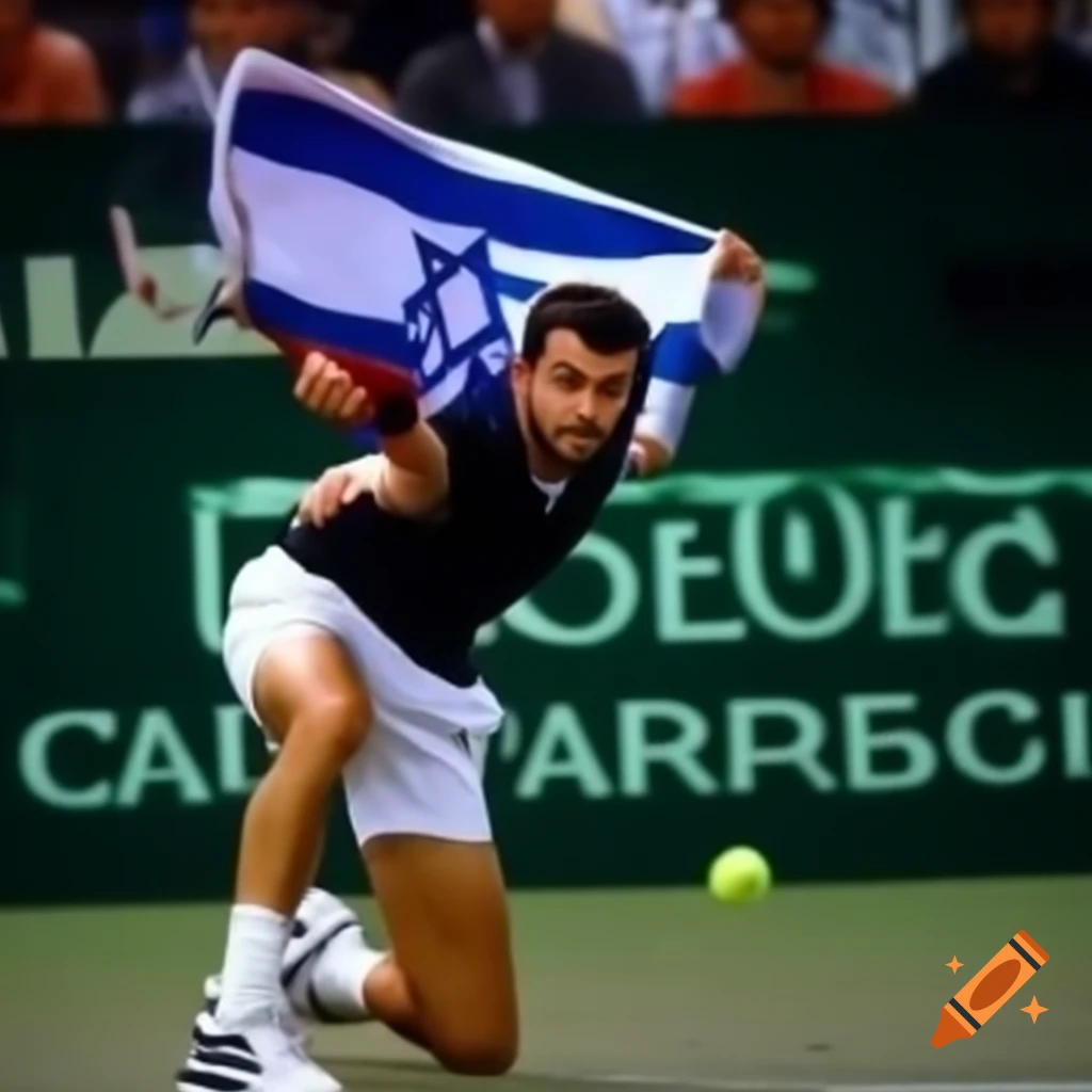 Grigor Dimitrov competing in a tennis match with Israeli flag