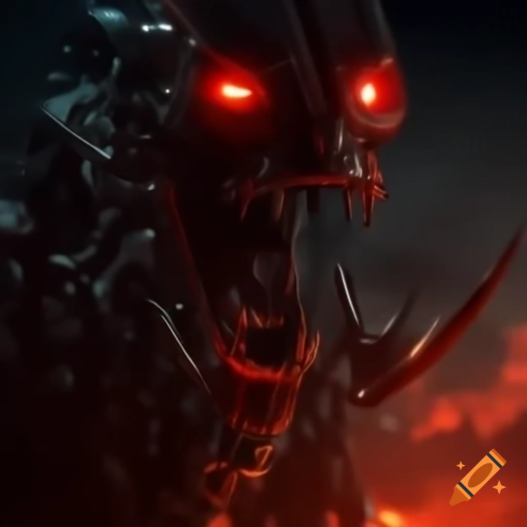 Apocalyptic scene with mechanical elements, red embers, and jagged design