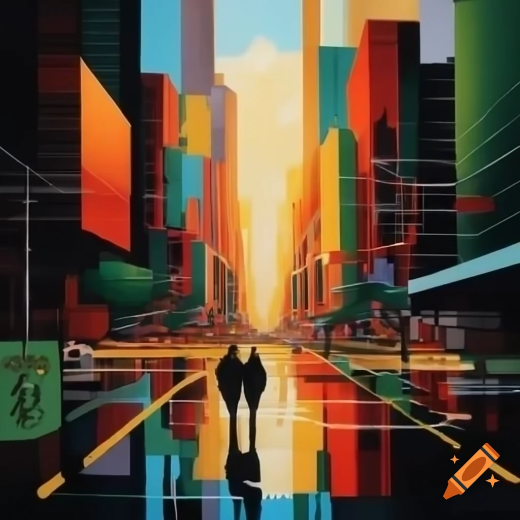 Cubist acrylic painting depicting modern urban life with tetradic color scheme