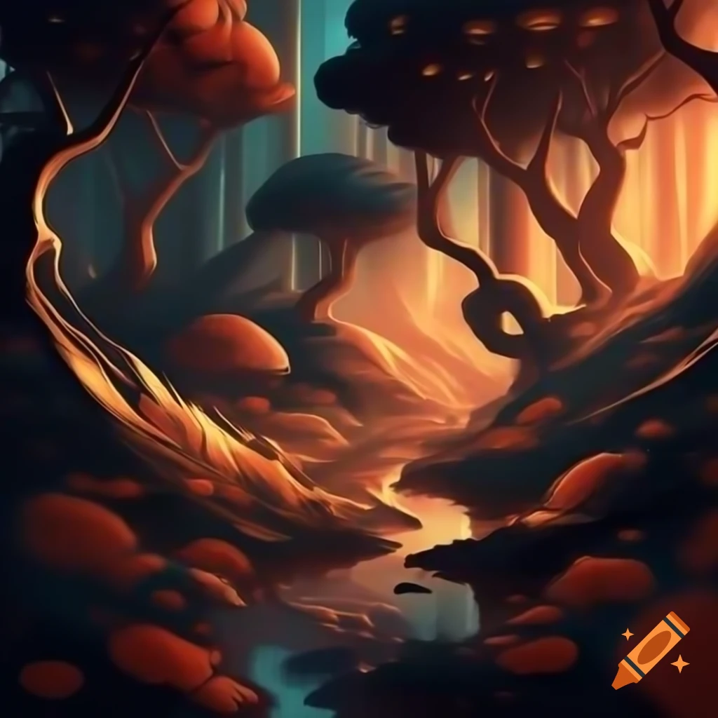Enchanting Art Deco scene of mystical forest at twilight with geometric trees