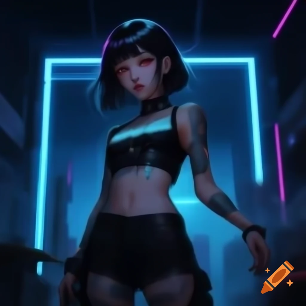 Punk-inspired anime character in dystopian fashion, showing midriff