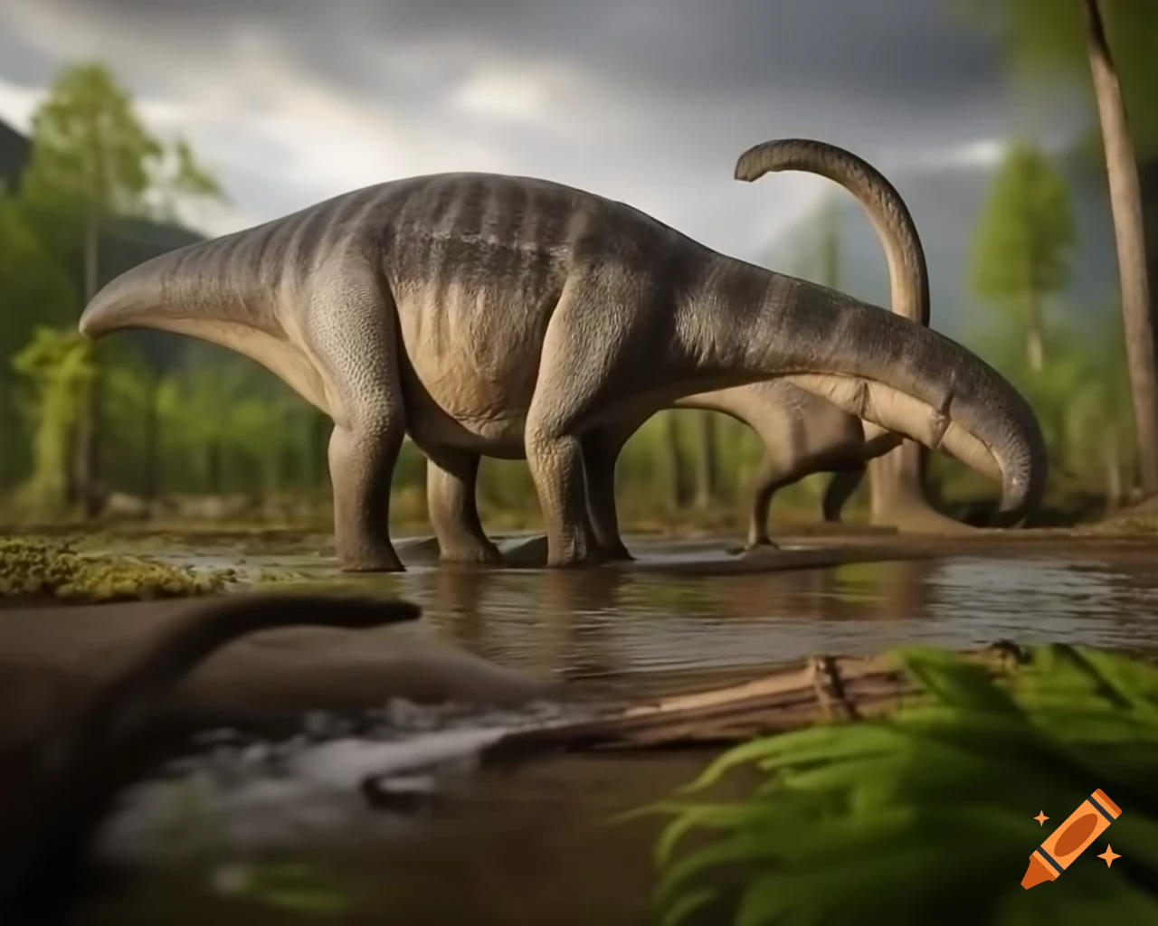 Striped Hadrosaurus group along stream in muddy flat with ferns and driftwood
