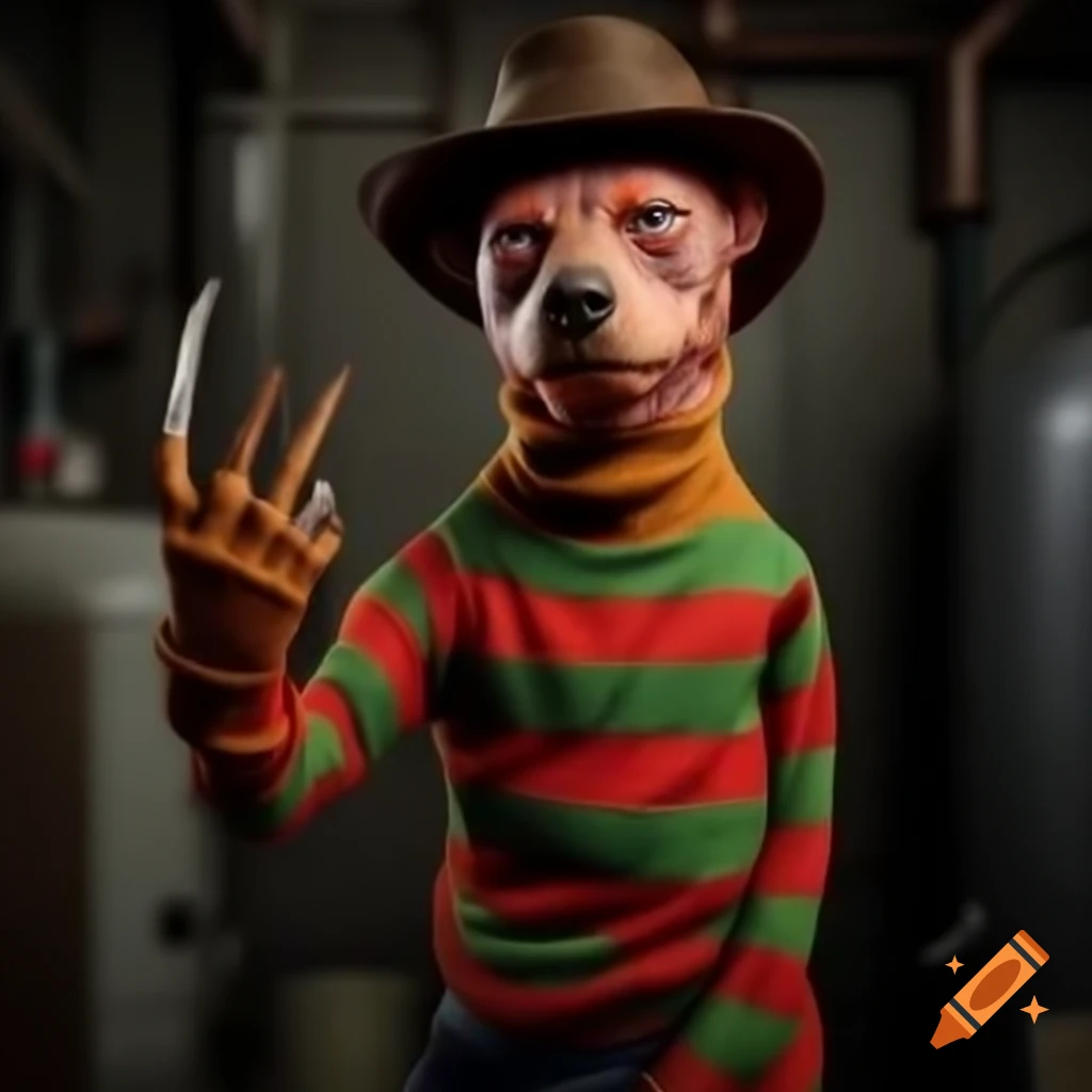 Dog dressed as Freddy Krueger with finger knives and striped sweater in realistic boiler room setting
