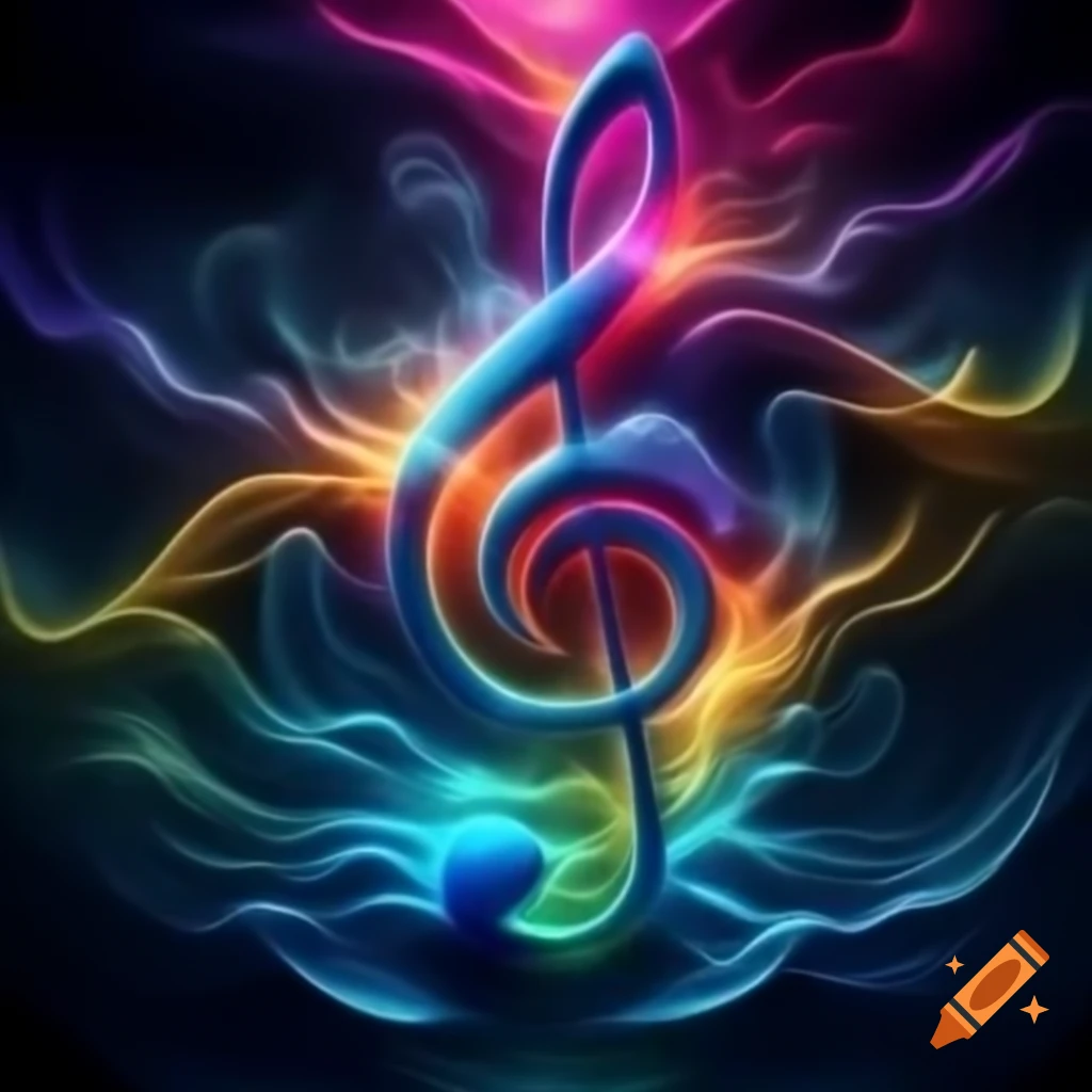 Psychedelic music notes in colorful sound waves
