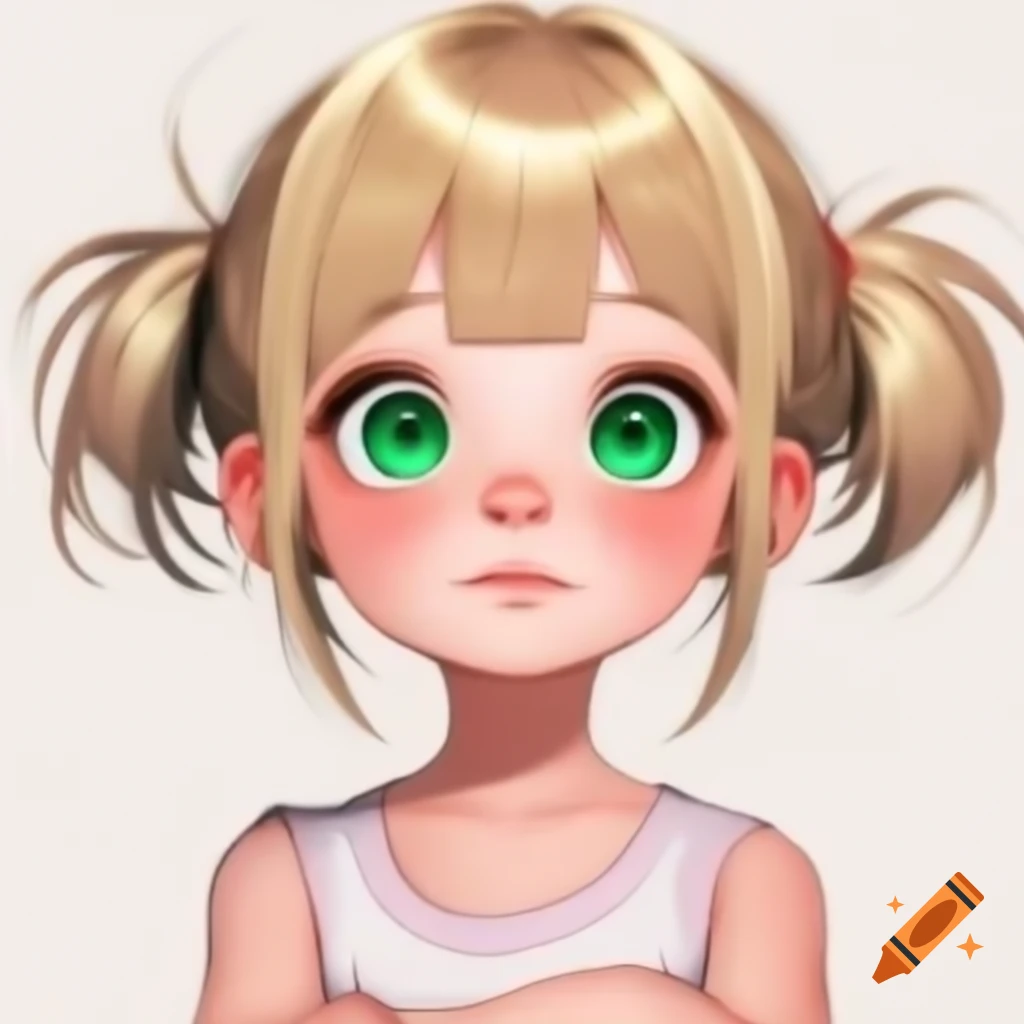 Anime girl with blonde hair and emerald green eyes in a pink sleeveless t-shirt