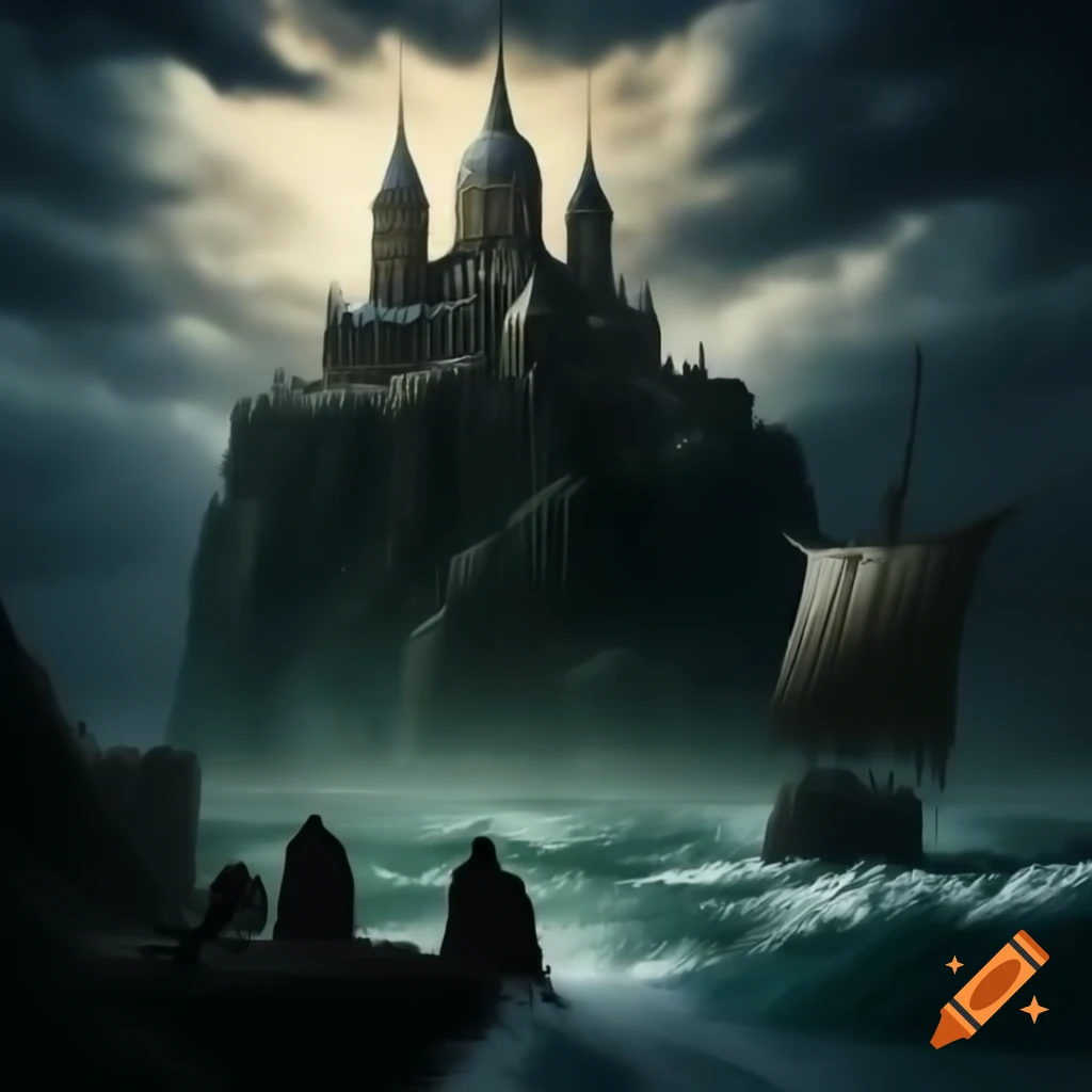 Ancient monastery on cliff overlooking tumultuous sea in medieval Europe